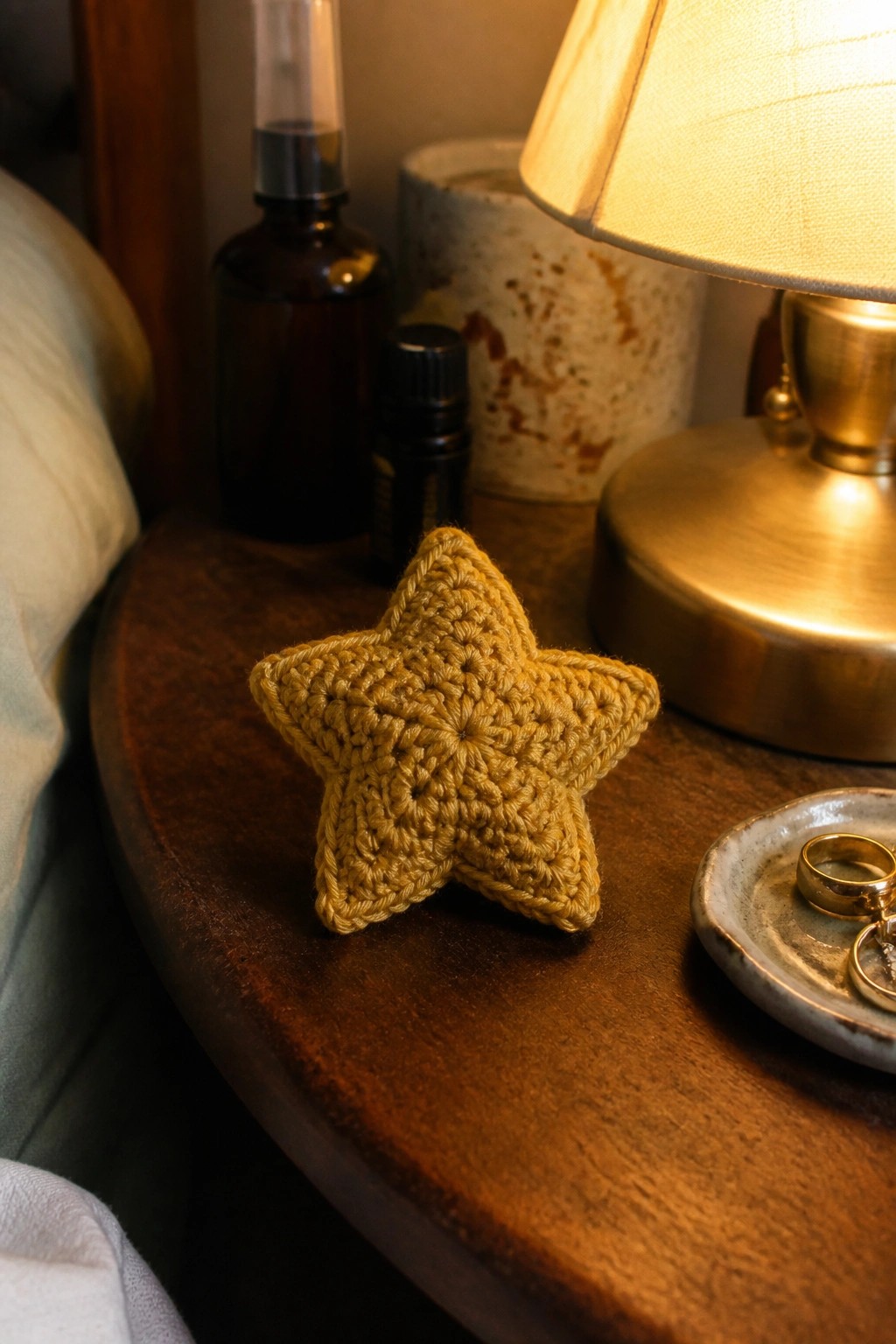 Crocheted yellow star on wooden nightstand beside lit lamp and gold rings.