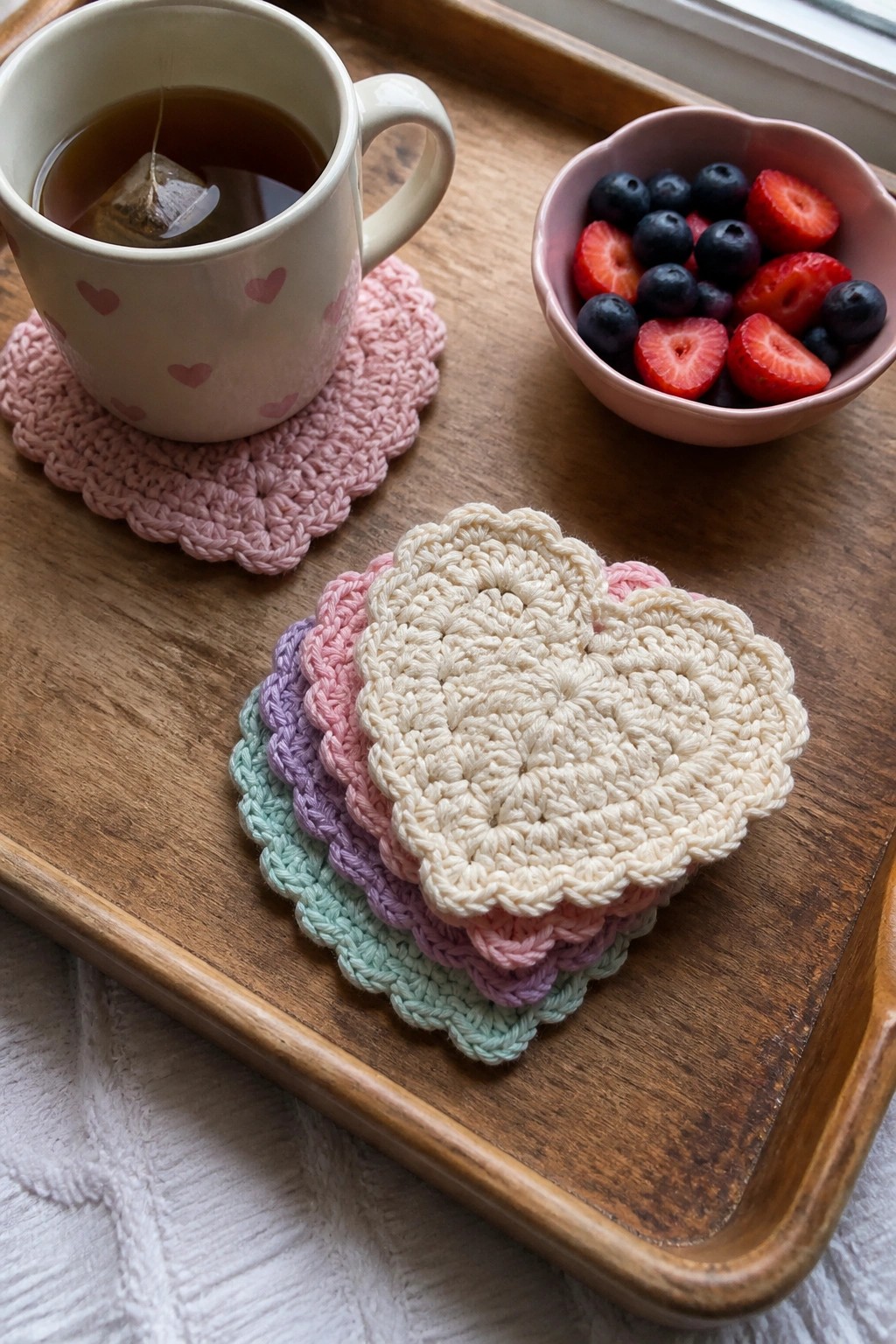 Heart-shaped crocheted coasters on wooden tray with heart mug and berry bowl