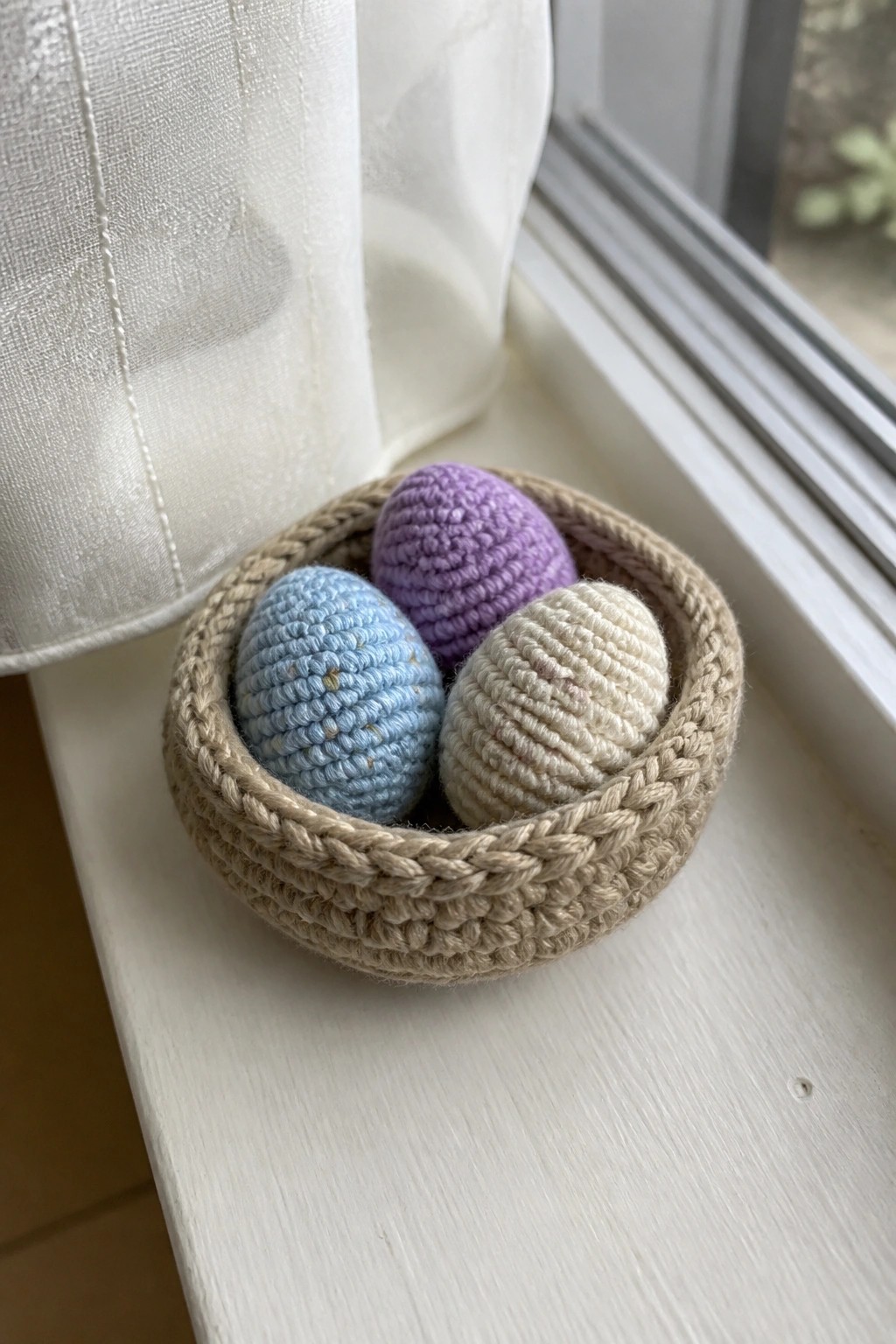 A beige crocheted basket with three crocheted eggs in blue, purple, and cream sits on a white windowsill.
