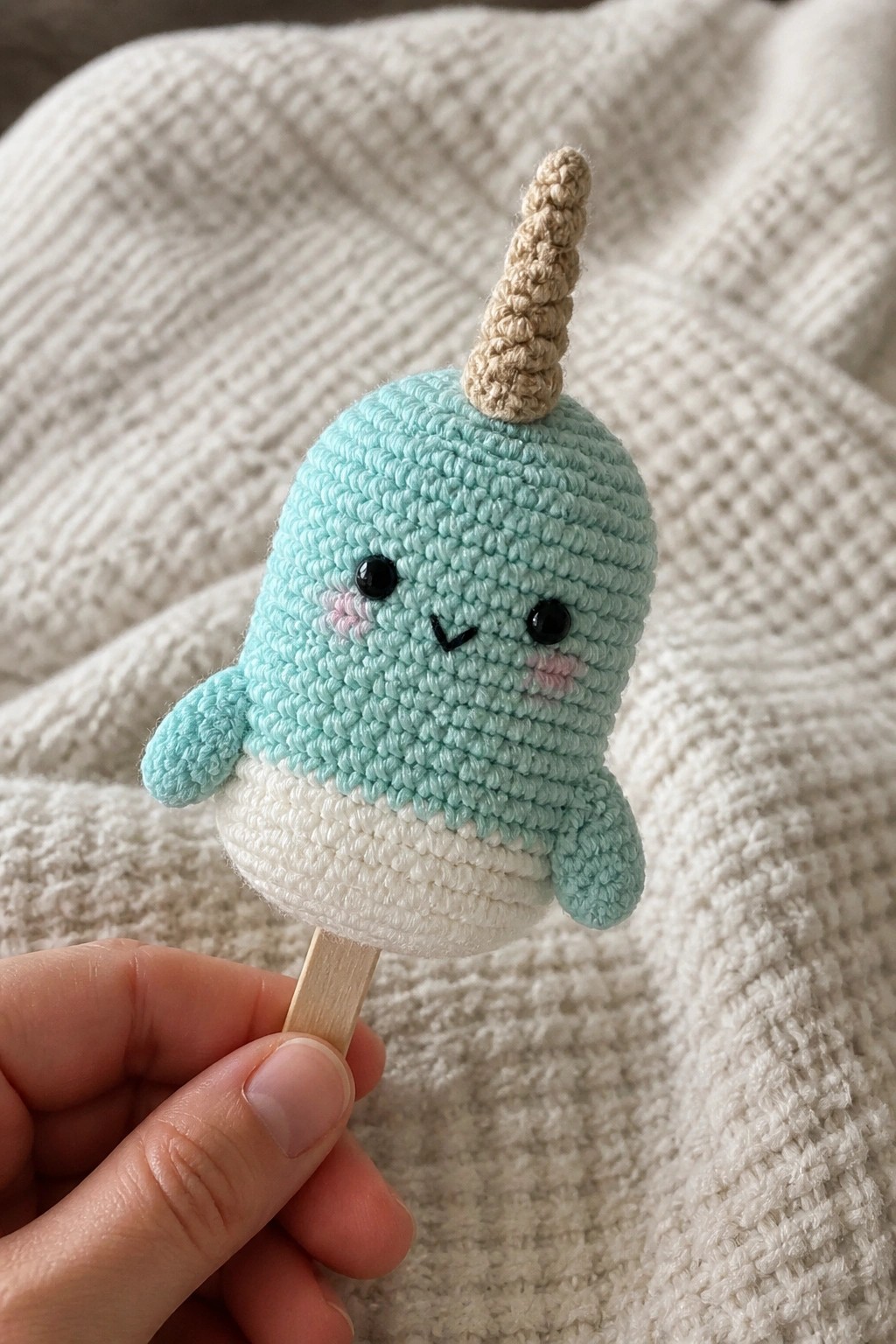 Hand holding crocheted light blue narwhal popsicle with beige horn on stick