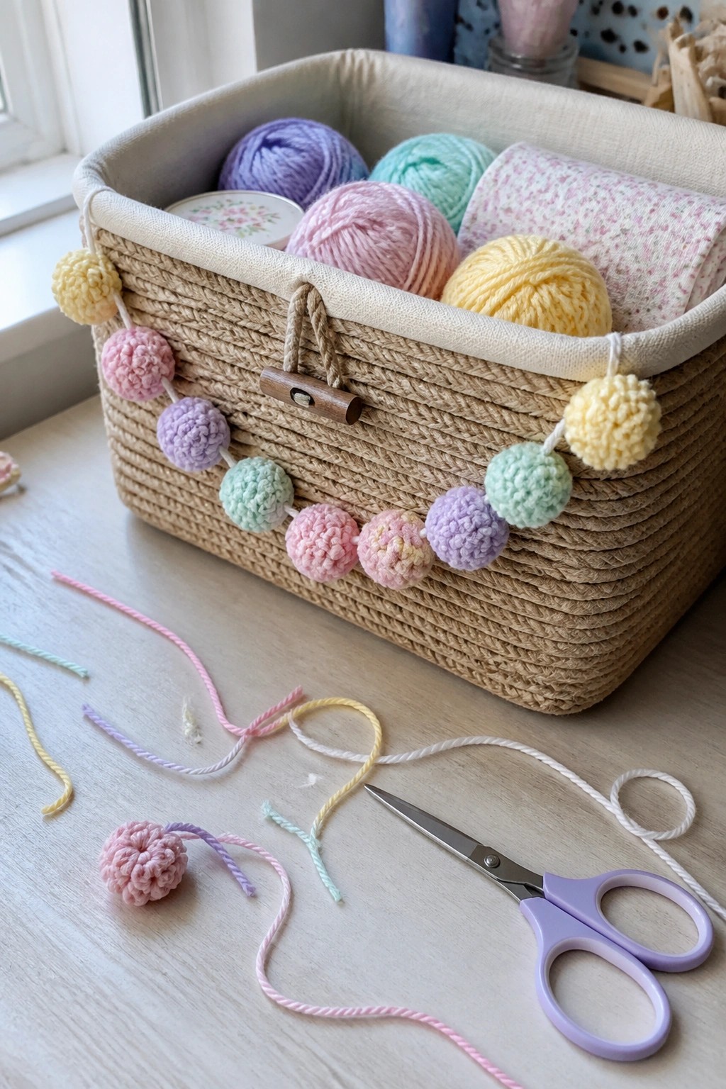 Woven basket with pastel yarns and pom-pom garland beside purple scissors on wooden table