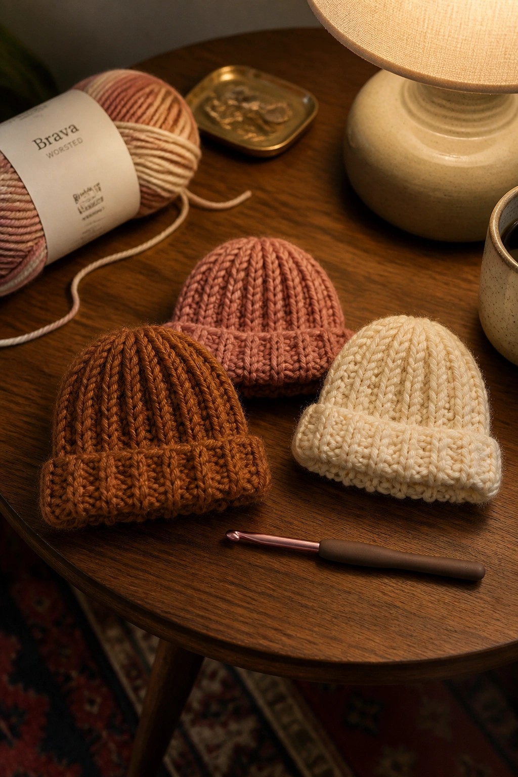 Three knitted beanies in rust, rose, and cream with yarn and crochet hook on wooden table.