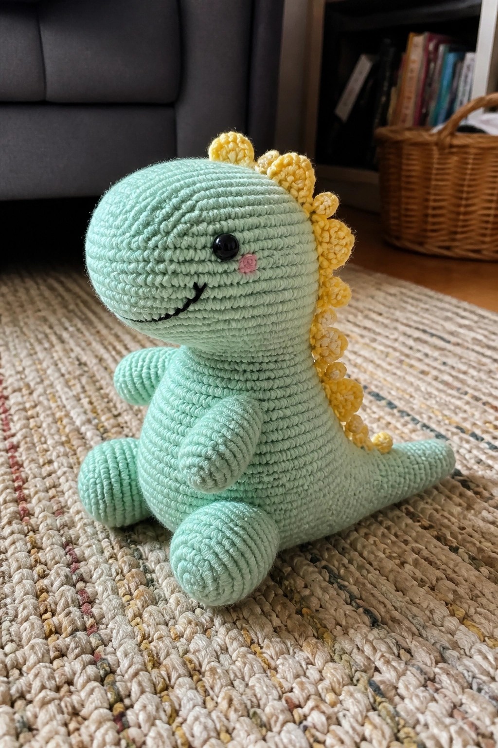 Mint green crocheted dinosaur toy with yellow spikes on woven rug