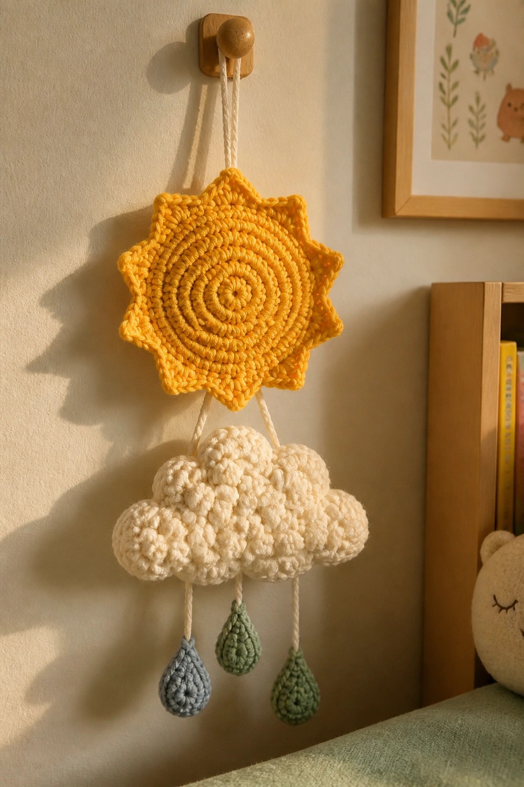 Yellow crocheted sun hangs above white cloud with dangling raindrops.