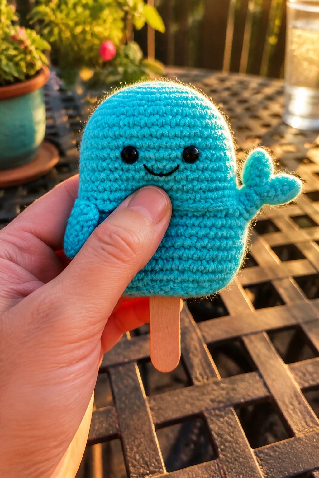Hand holding blue crocheted whale toy on wooden popsicle stick outdoors