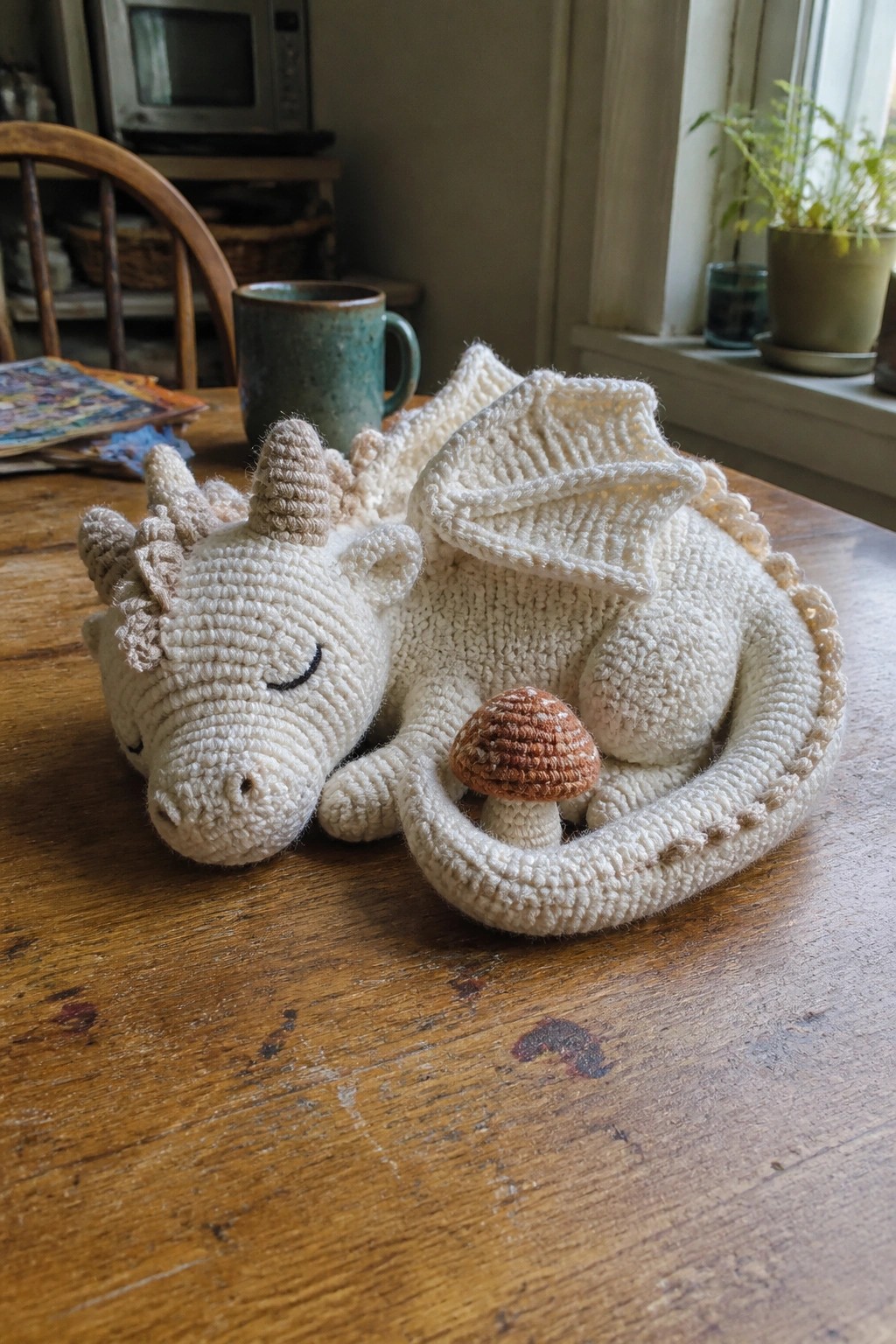 A crocheted cream dragon amigurumi curled asleep on a wooden table with a small brown mushroom inside its tail.