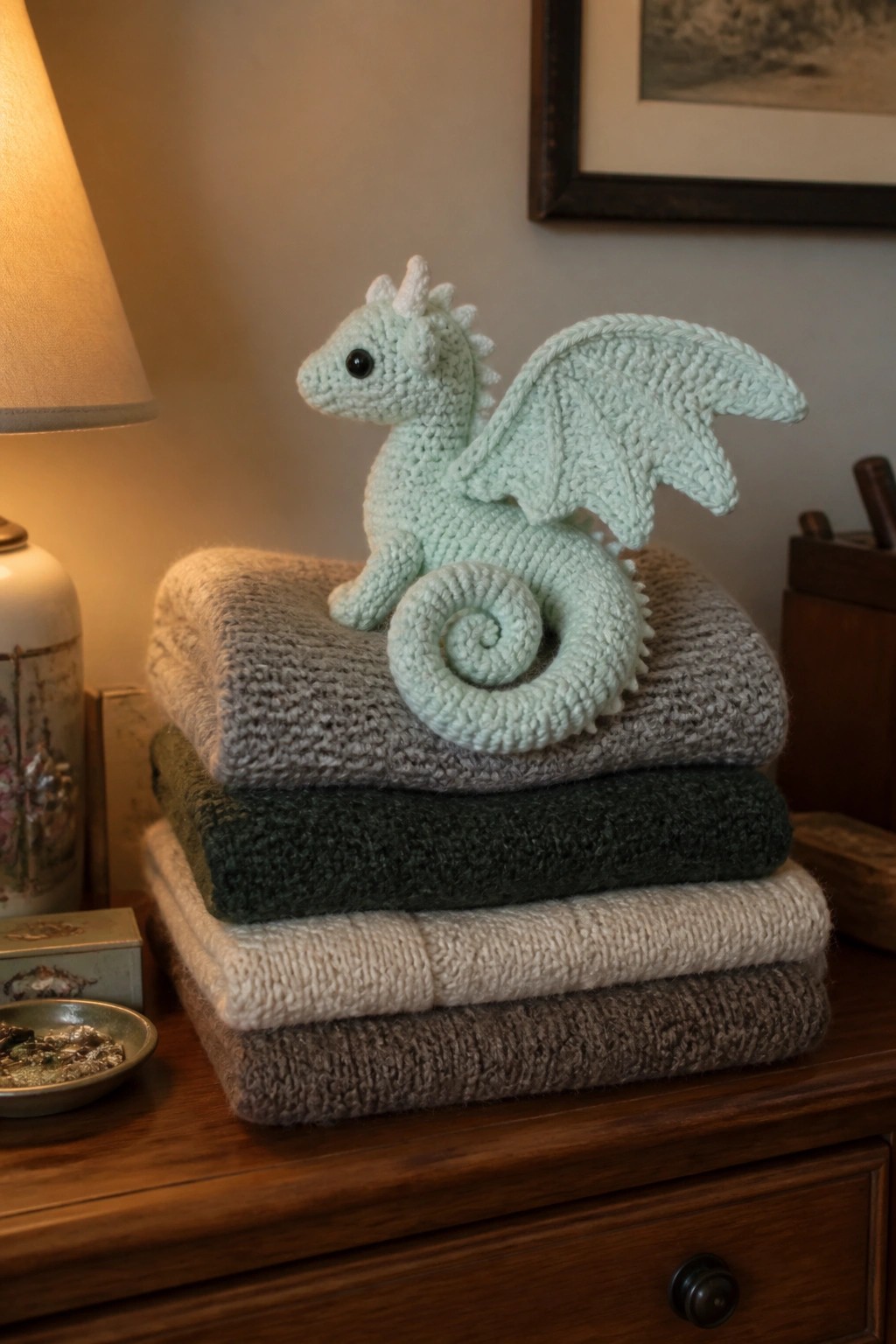 Mint-green crocheted dragon with curled tail atop folded blankets on dresser