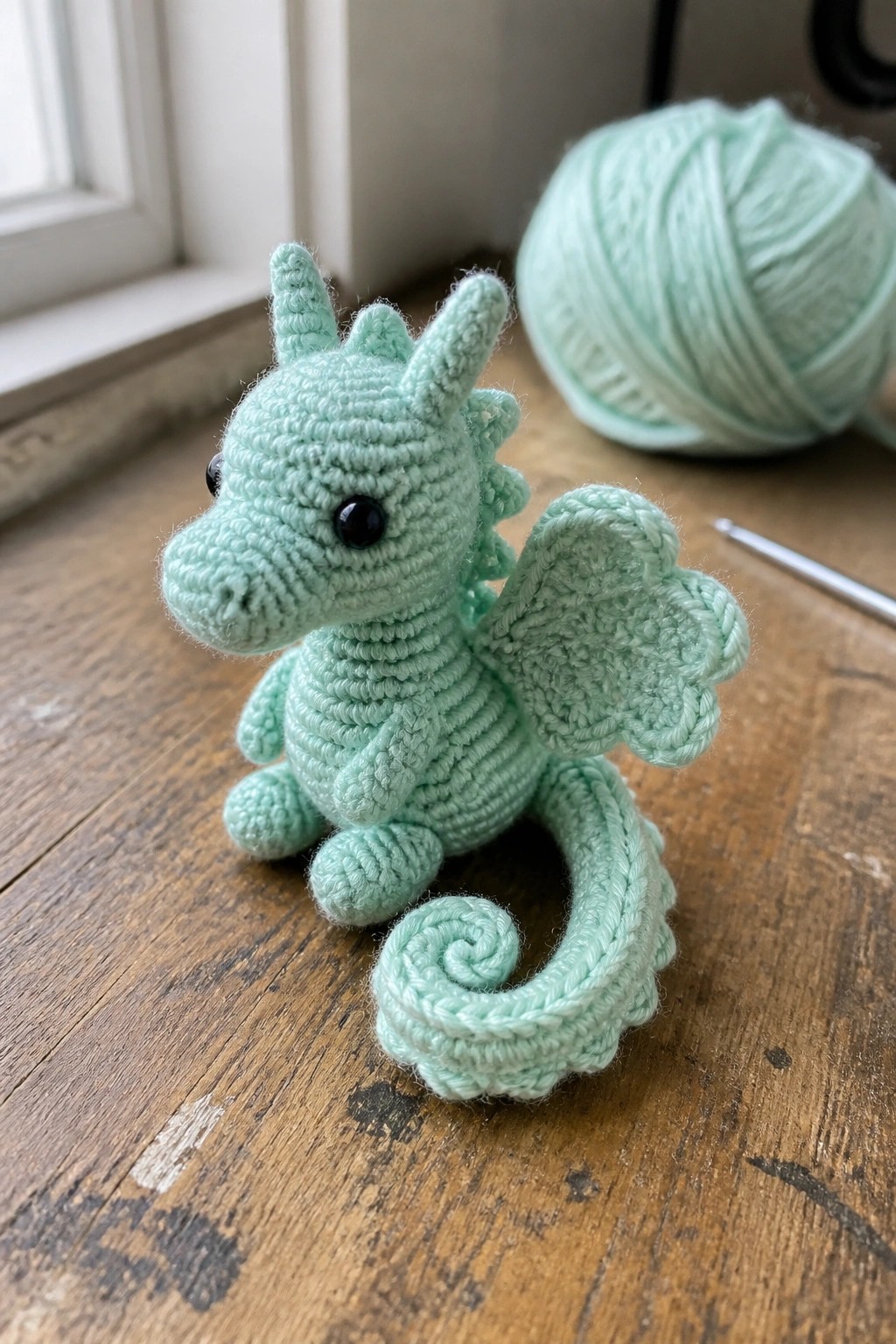 Mint green crocheted dragon toy with curled tail beside yarn ball on wood.
