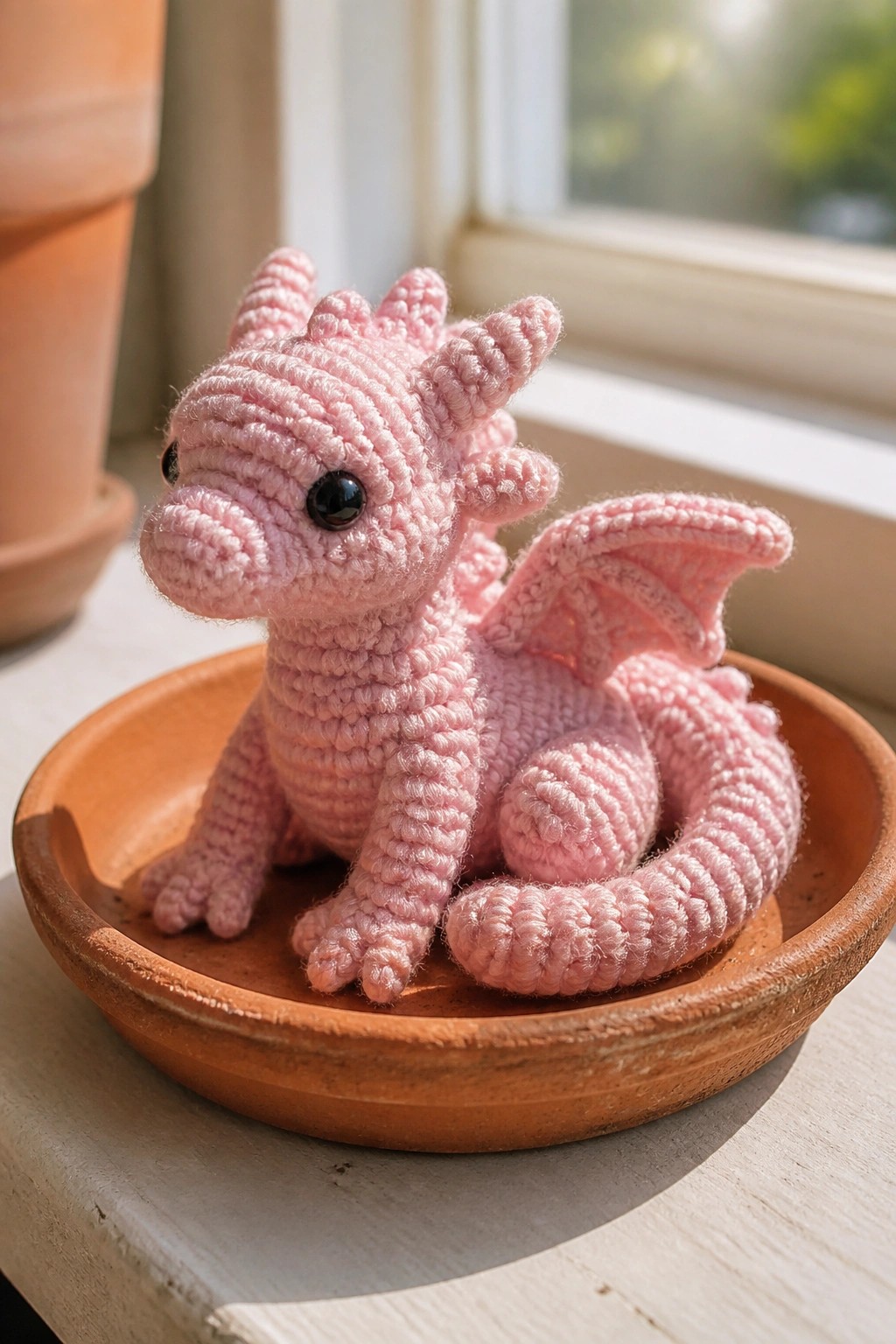 Pink crocheted dragon figurine sitting in terracotta dish on sunny windowsill.