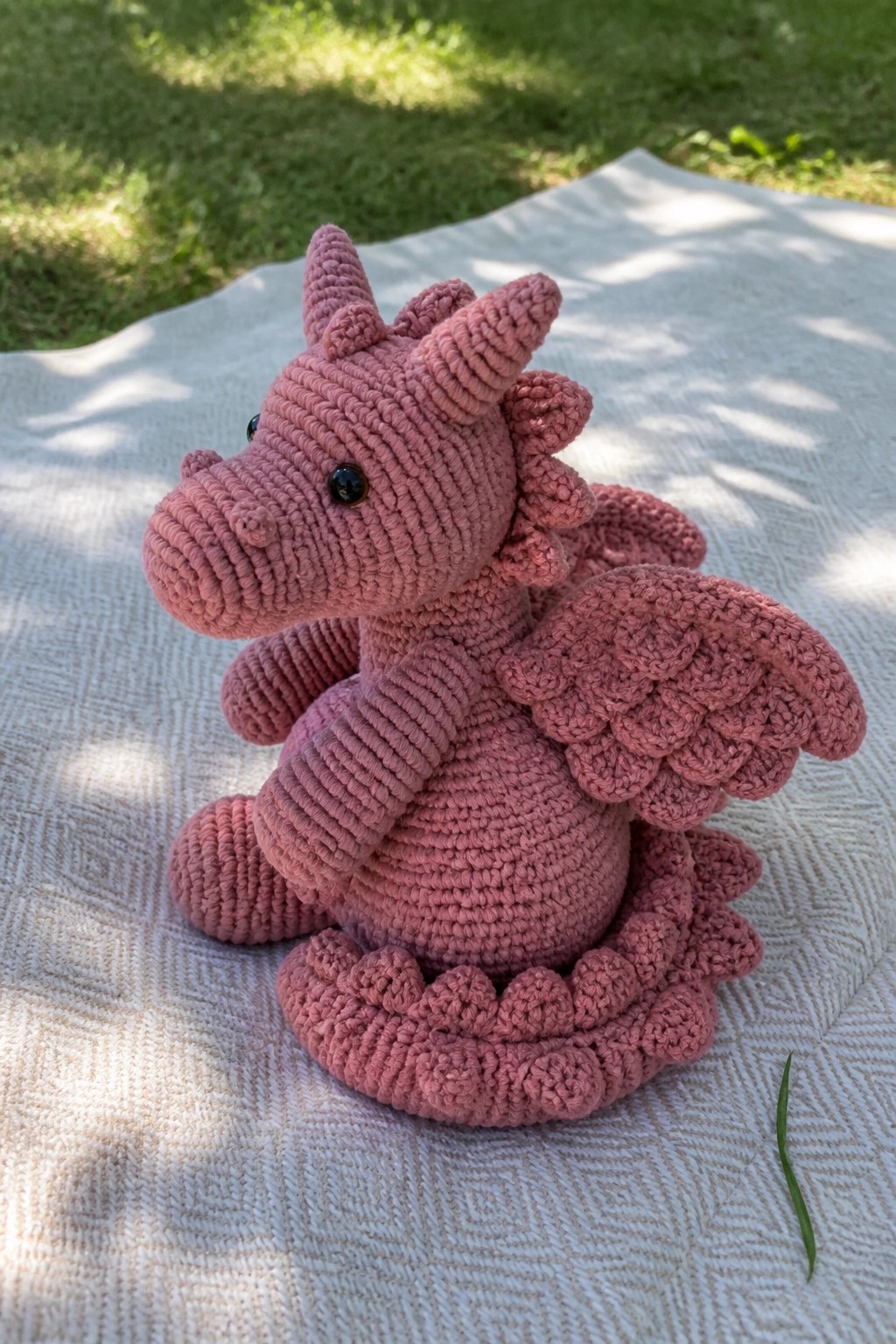 A dusty pink crocheted dragon amigurumi with wings and a curled tail sits on a white outdoor blanket.
