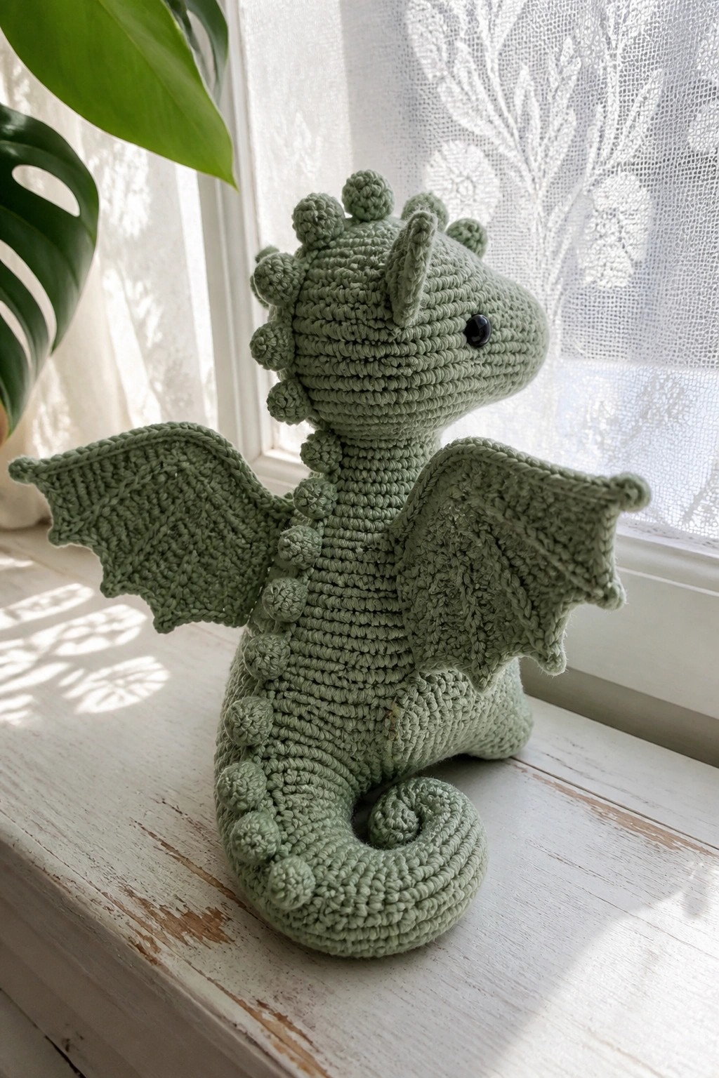 Light green crocheted dragon toy with wings on sunlit white windowsill