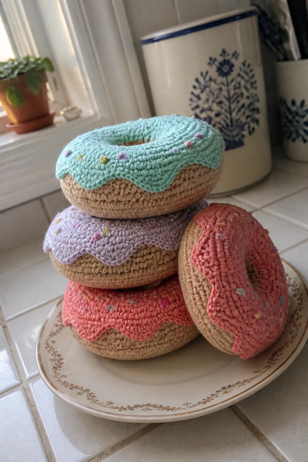 Crocheted donuts with mint, lavender, and pink icing stacked on a plate