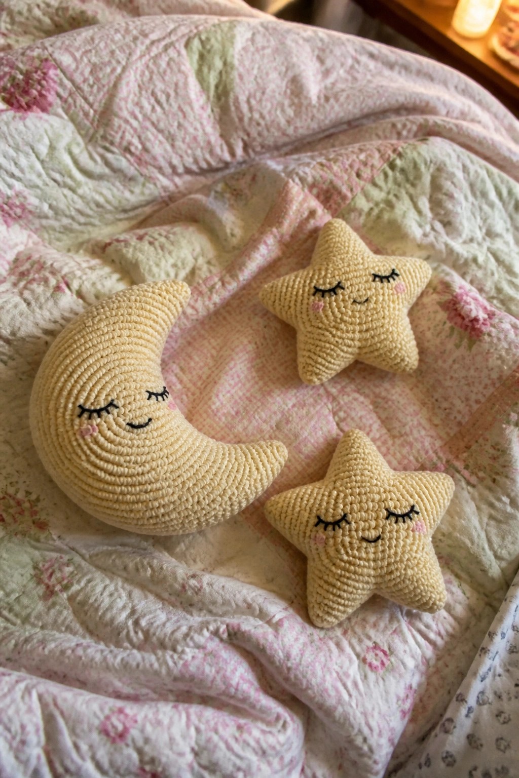 Yellow crocheted moon and stars with sleepy faces on floral quilt