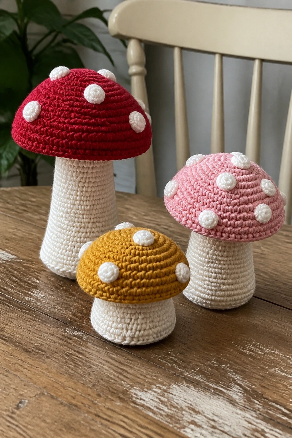 Three crocheted mushrooms in red, yellow, and pink with white spots on a table.