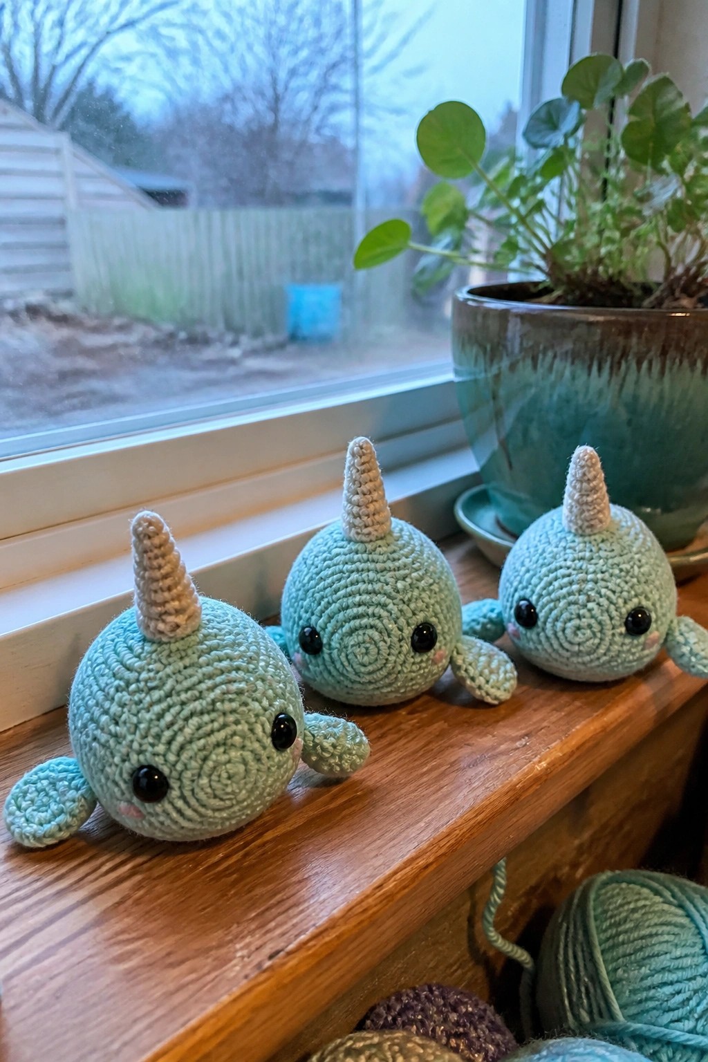 Three light blue crocheted narwhal amigurumi on a wooden windowsill next to a potted plant.