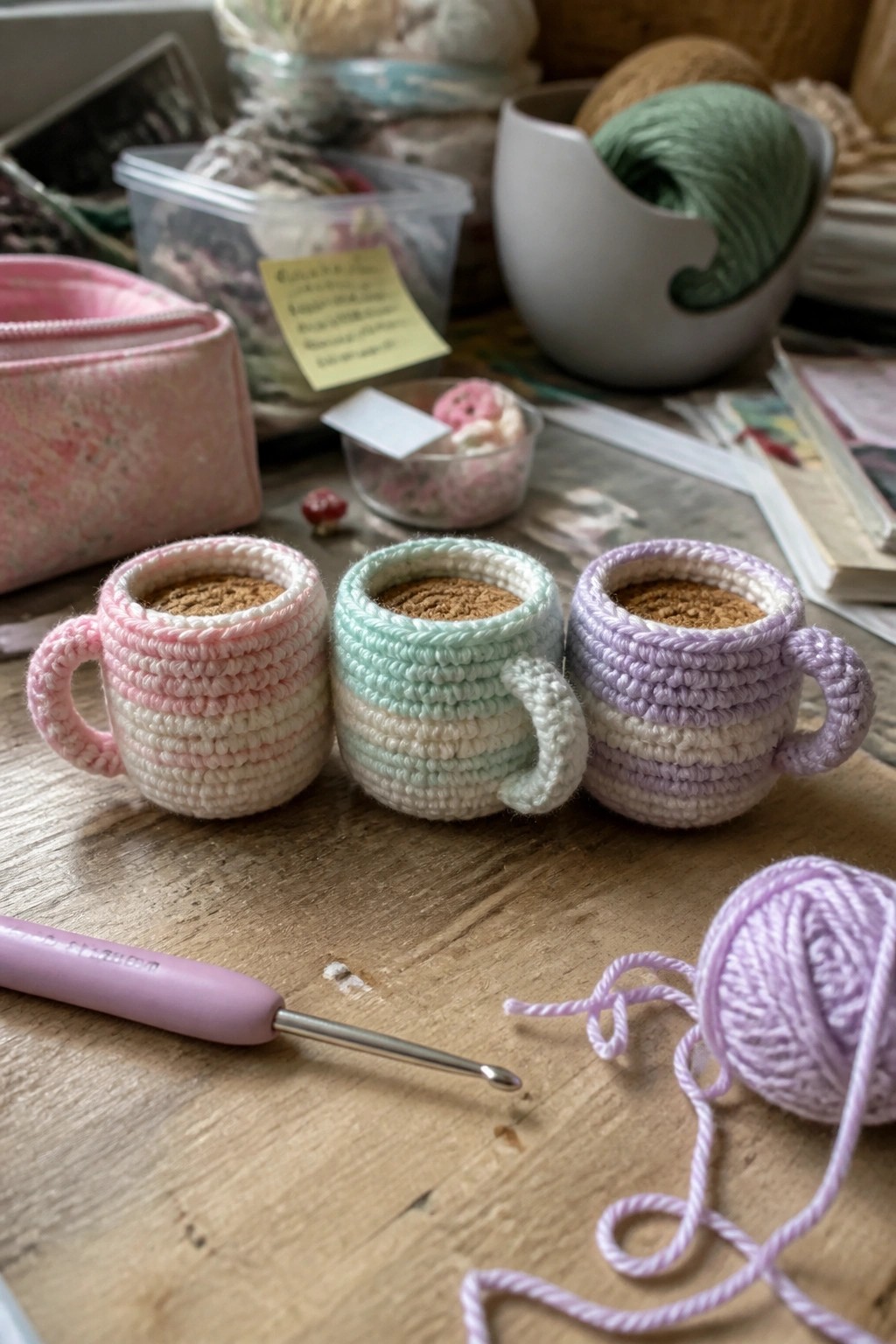 Three pastel crocheted mugs beside a hook and purple yarn on wood.
