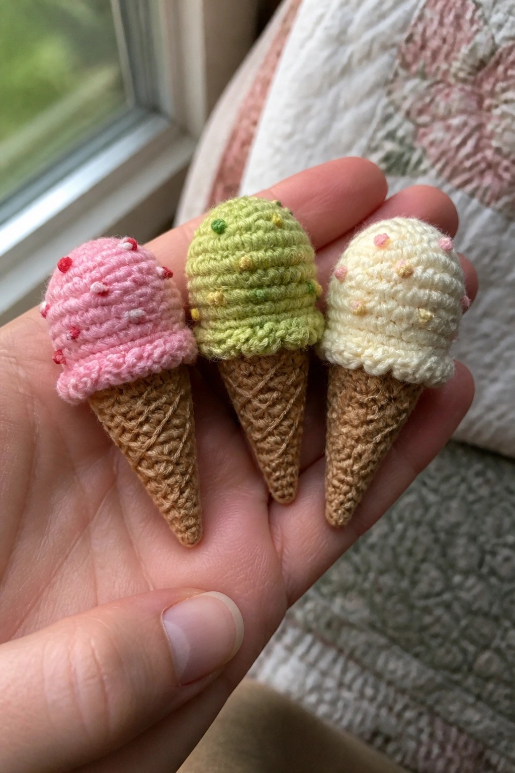 Hand holding three tiny crocheted ice cream cones in pink, green, and white.