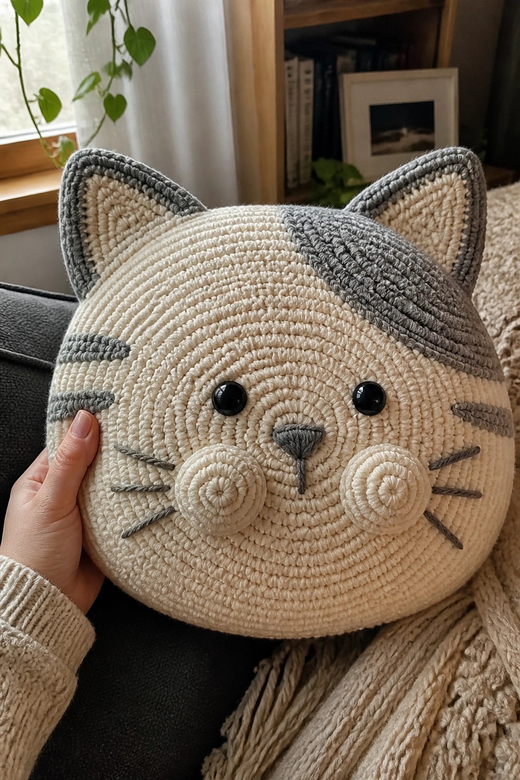 Hand holds round crocheted cat pillow in beige and gray with black eyes.