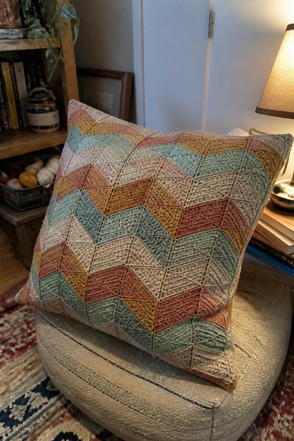 Colorful crocheted chevron pillow with pastel diamonds on beige ottoman