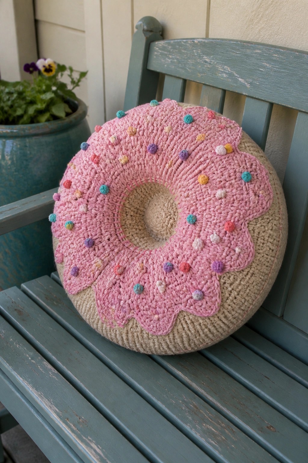 Pink knitted donut pillow with colorful sprinkles on weathered green bench.
