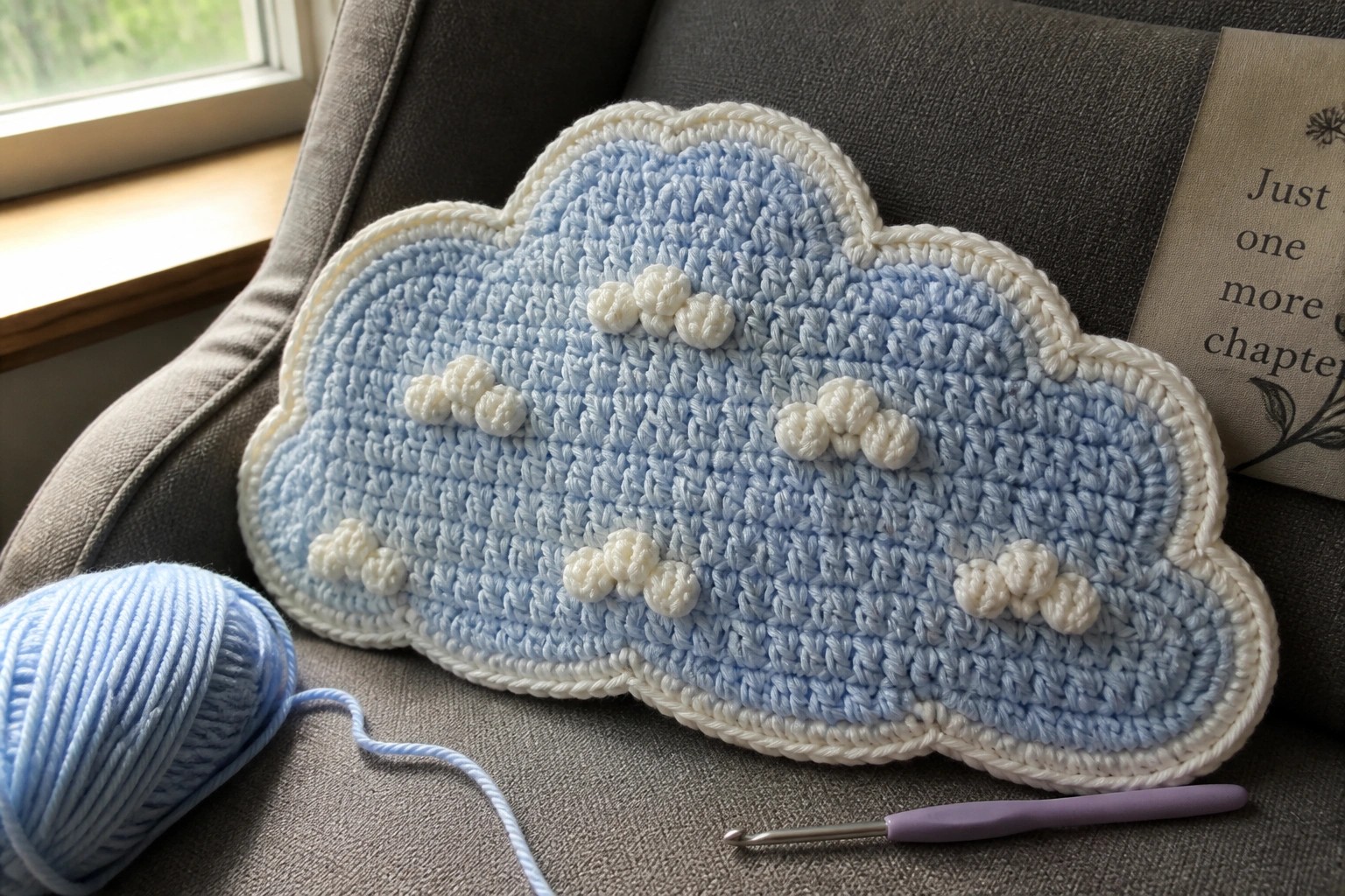 Crocheted blue and white cloud pillow on brown chair with yarn and hook