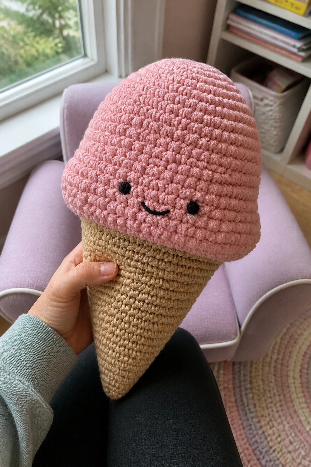 Hand holding smiling pink crocheted ice cream cone plush on purple chair