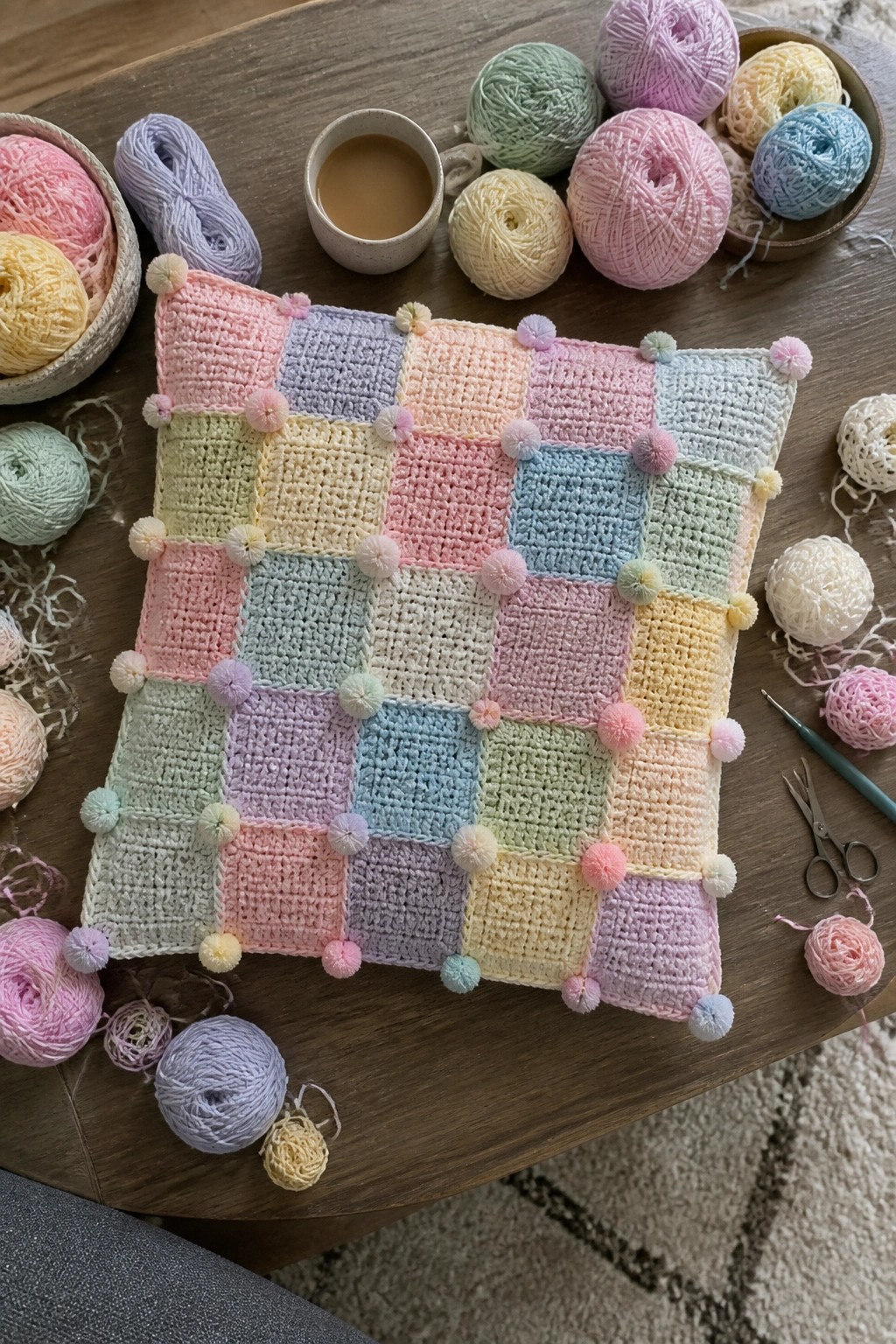 Pastel patchwork crochet pillow with pom-poms amid yarn balls on wooden table