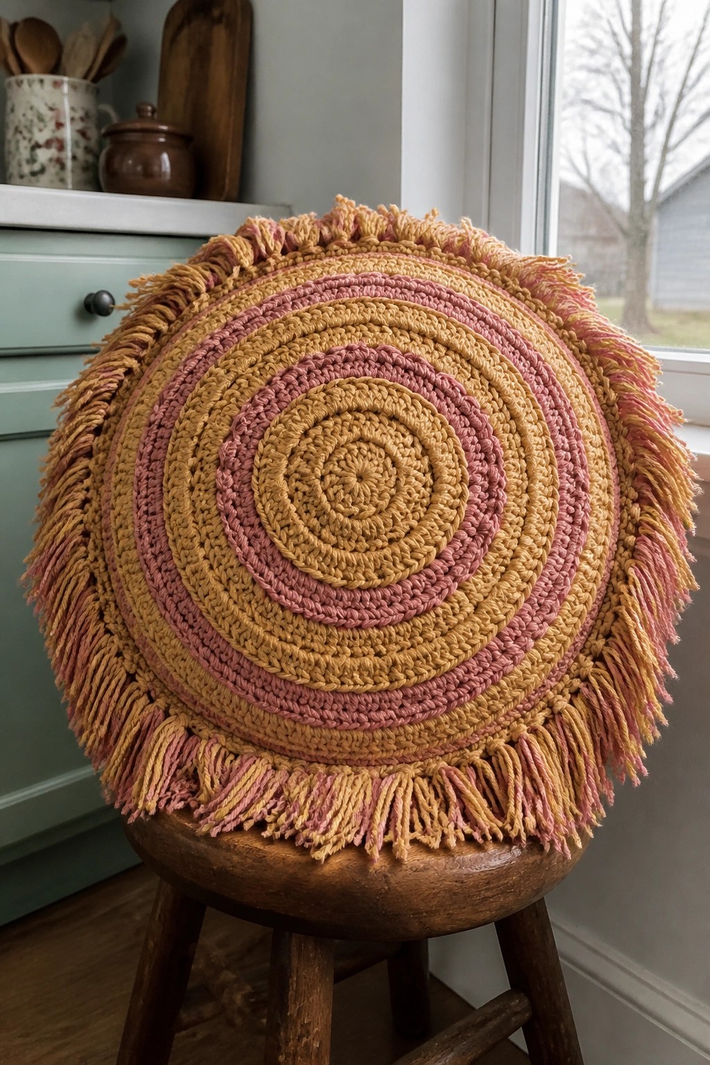 Round fringed crochet pillow in yellow and pink on wooden stool