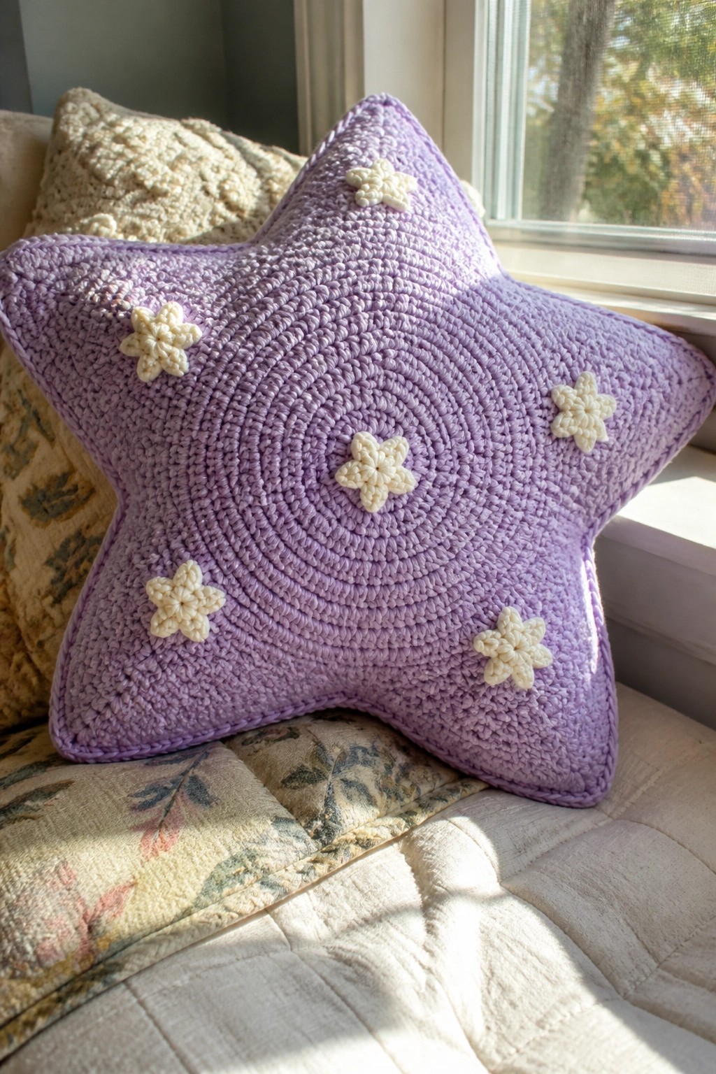 Purple crocheted star pillow with white stars on floral bedding by sunny window.