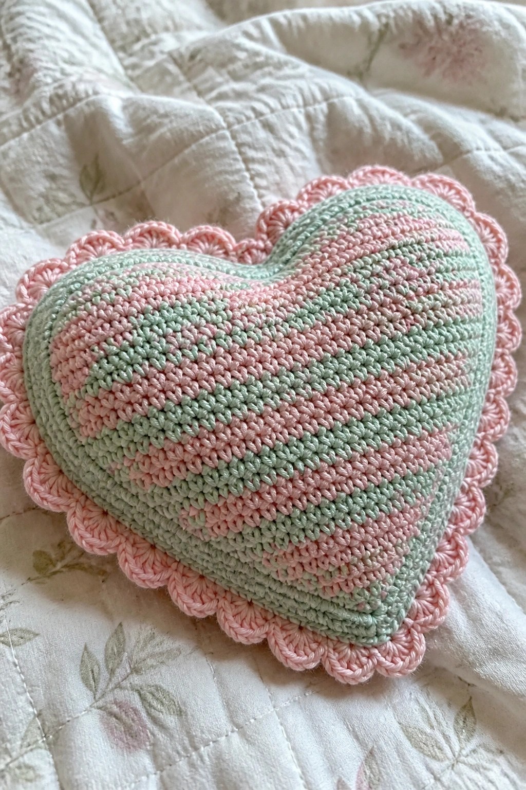 Crocheted pink and mint green striped heart pillow with scalloped border on quilt