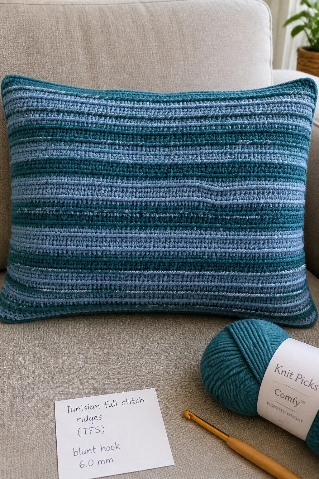Striped teal and blue crochet pillow with yarn, hook, and note on couch.