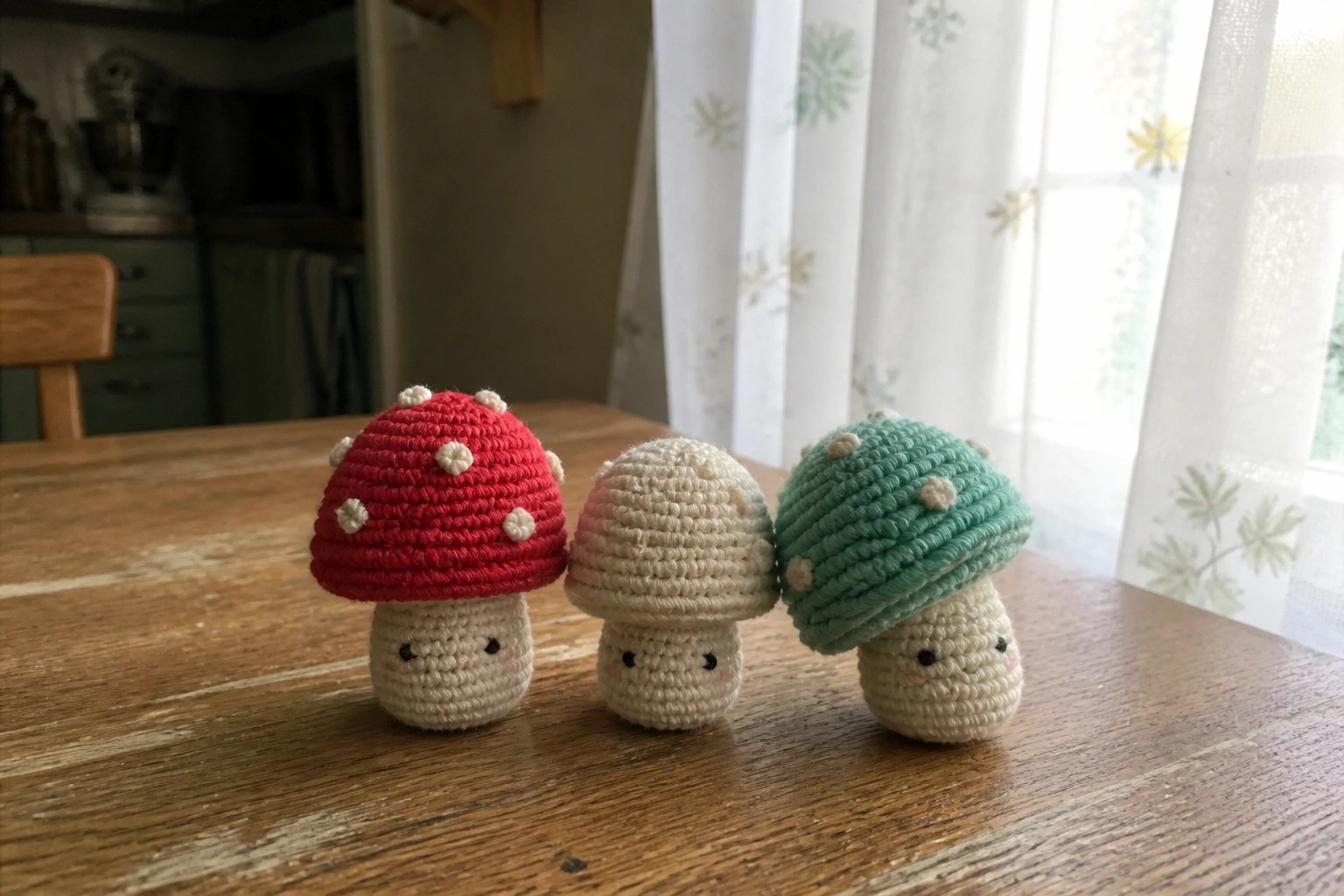 Three crocheted mushrooms with spotted caps in red, cream, and mint on wood.