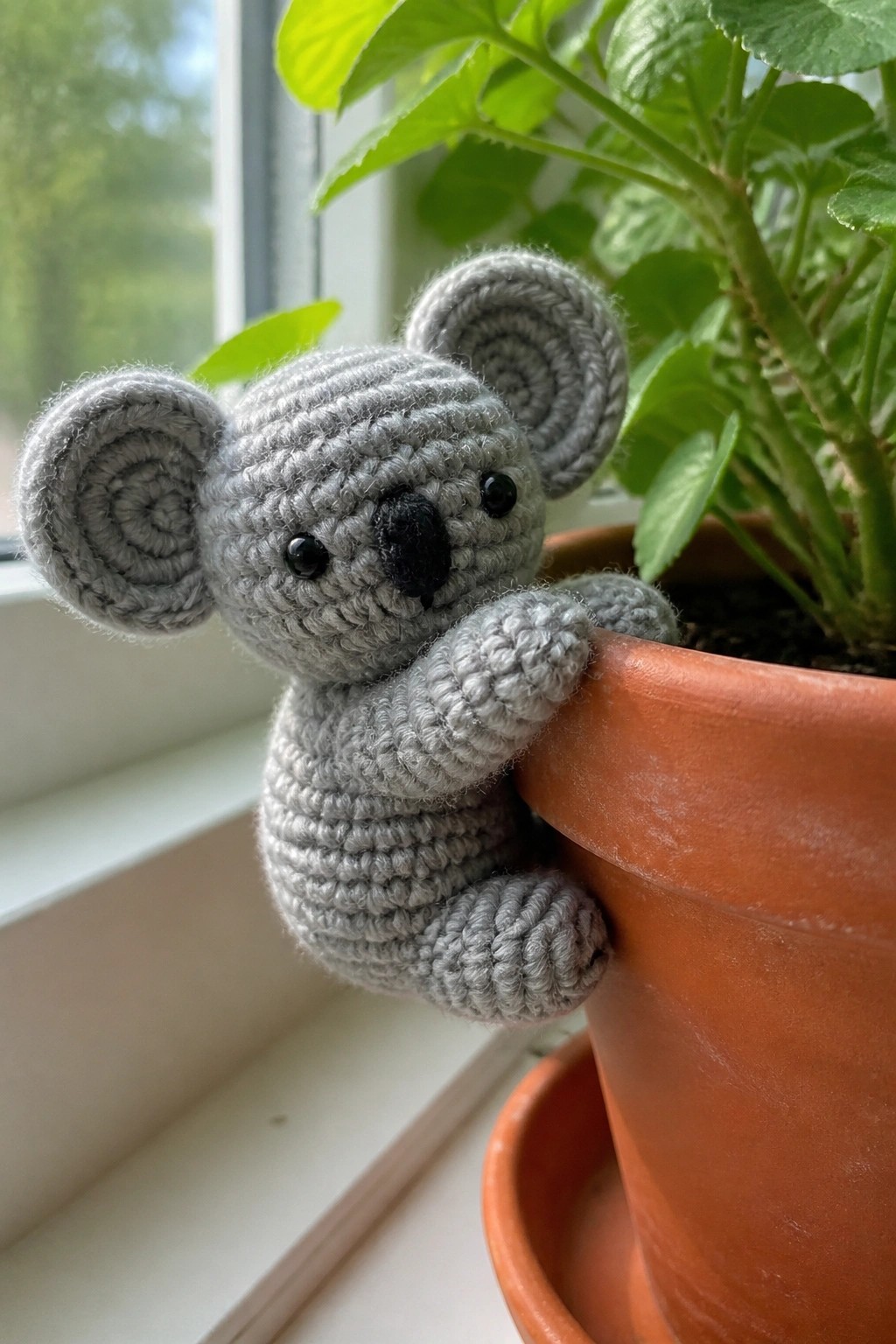 Gray crocheted koala toy clinging to terracotta plant pot on windowsill