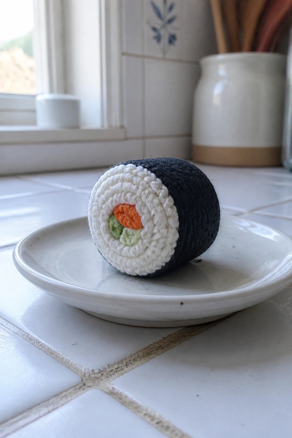 A crocheted sushi roll rests on a white plate on a tiled kitchen counter.