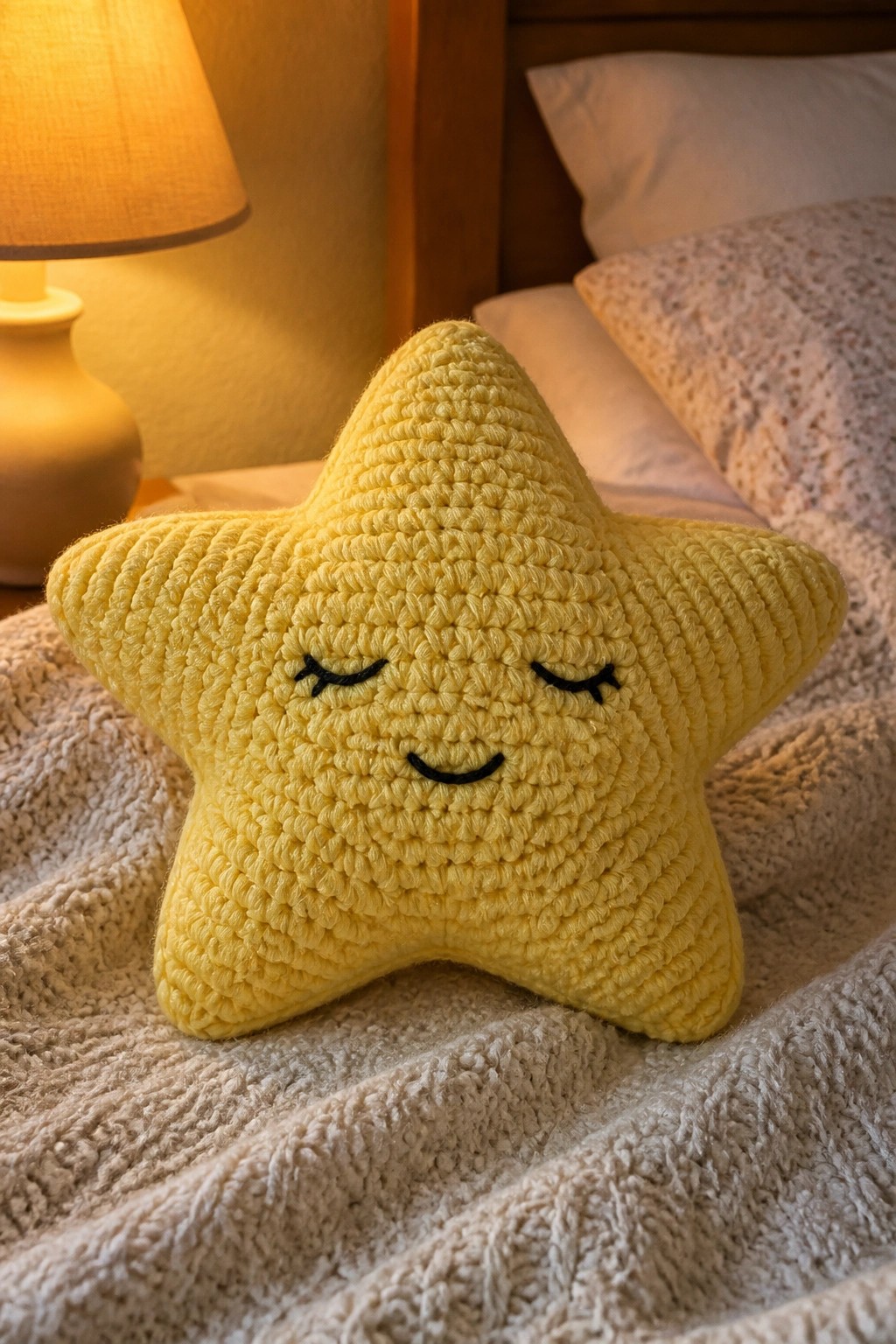 Yellow crocheted star pillow with smiling face on bed near glowing lamp