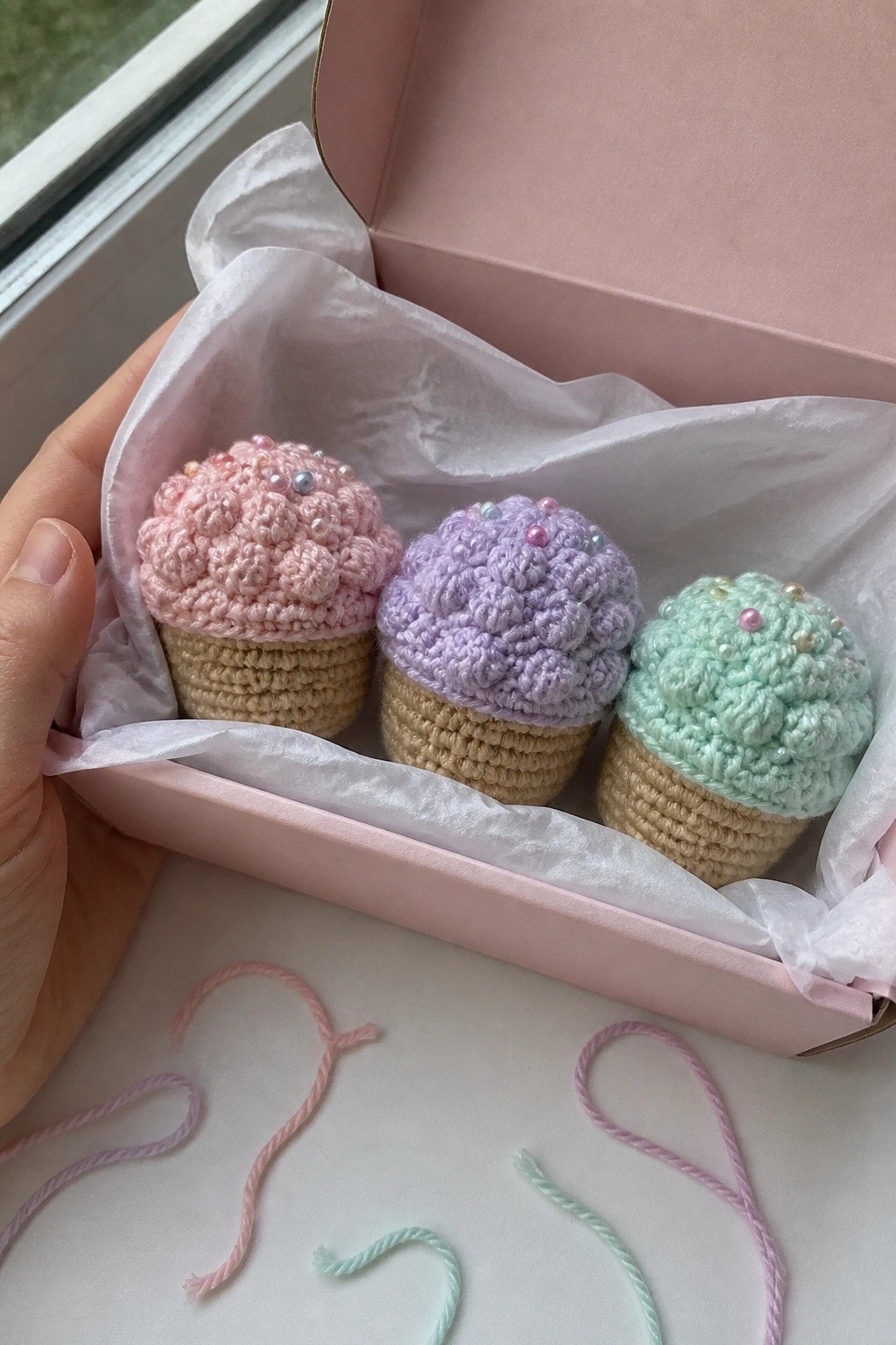 Hand holding pink box with three pastel crocheted cupcakes and loose yarn strands