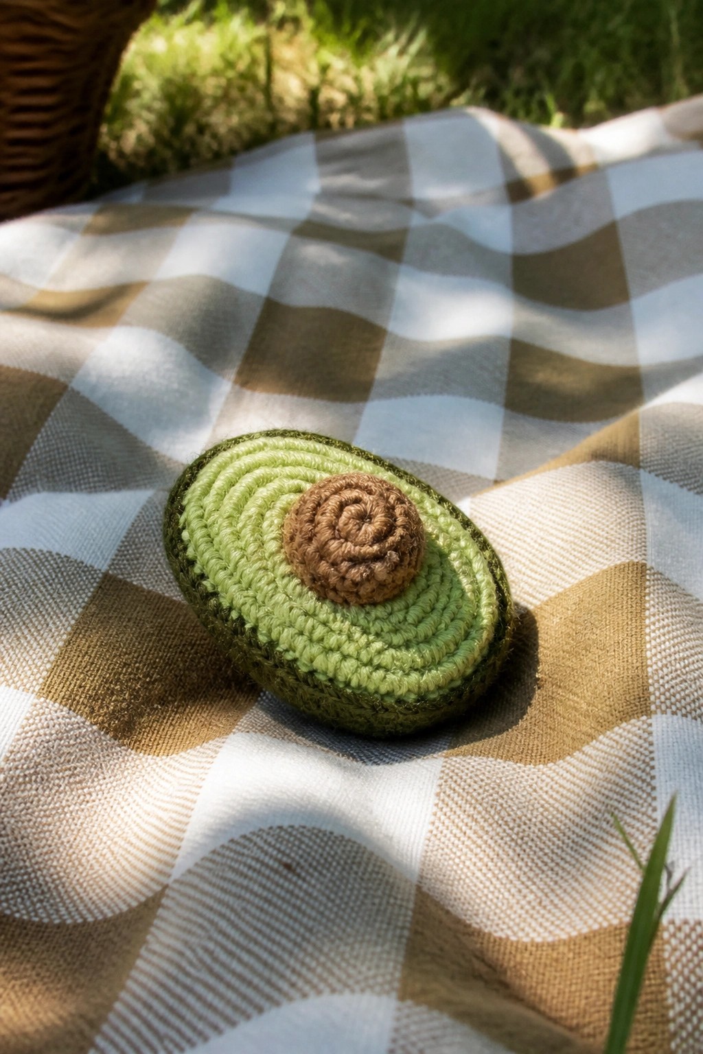 Crocheted avocado on checkered picnic blanket in bright sunlight