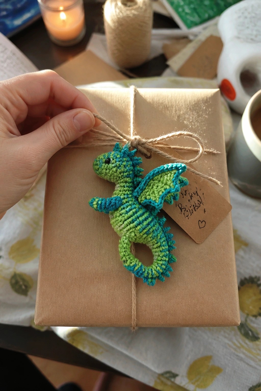 Hand holding brown-wrapped gift with green-blue crocheted dragon and birthday tag