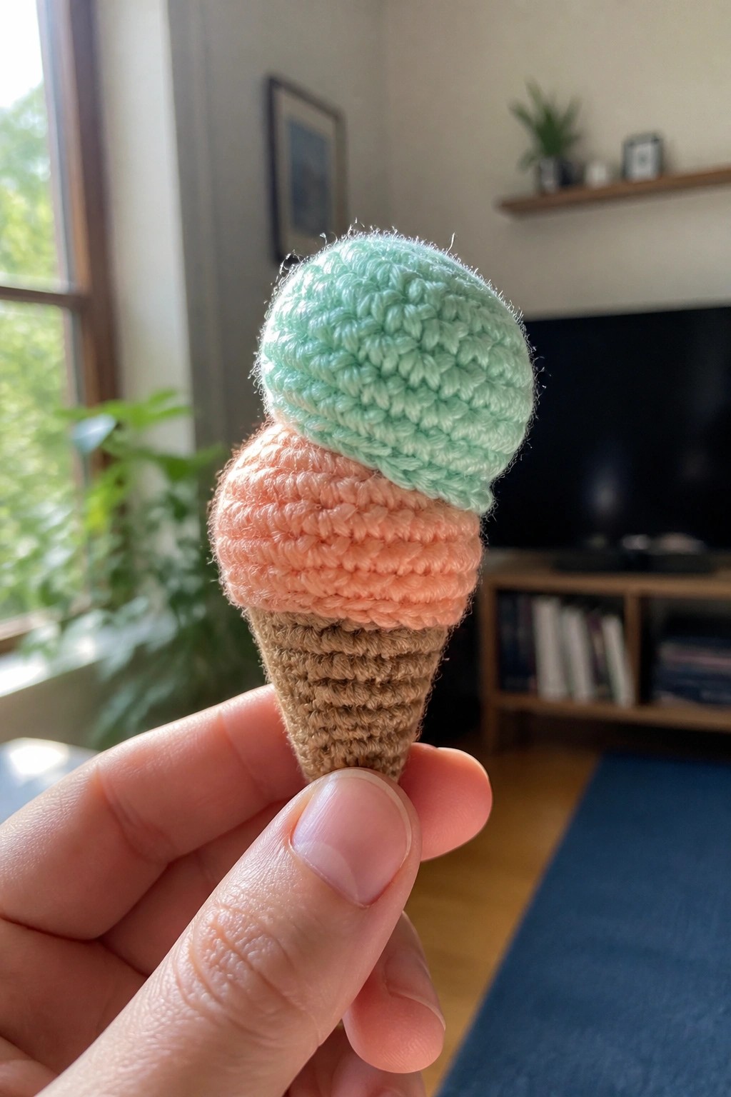 Hand holding crocheted ice cream cone with brown base and pastel scoops