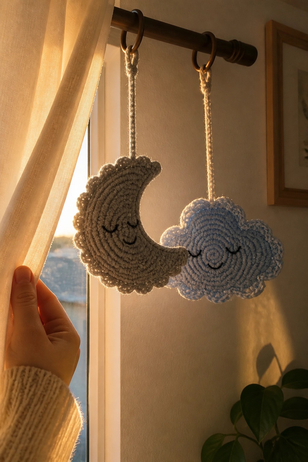 Hand holds sheer curtain near hanging crocheted moon and smiling cloud in sunlight.