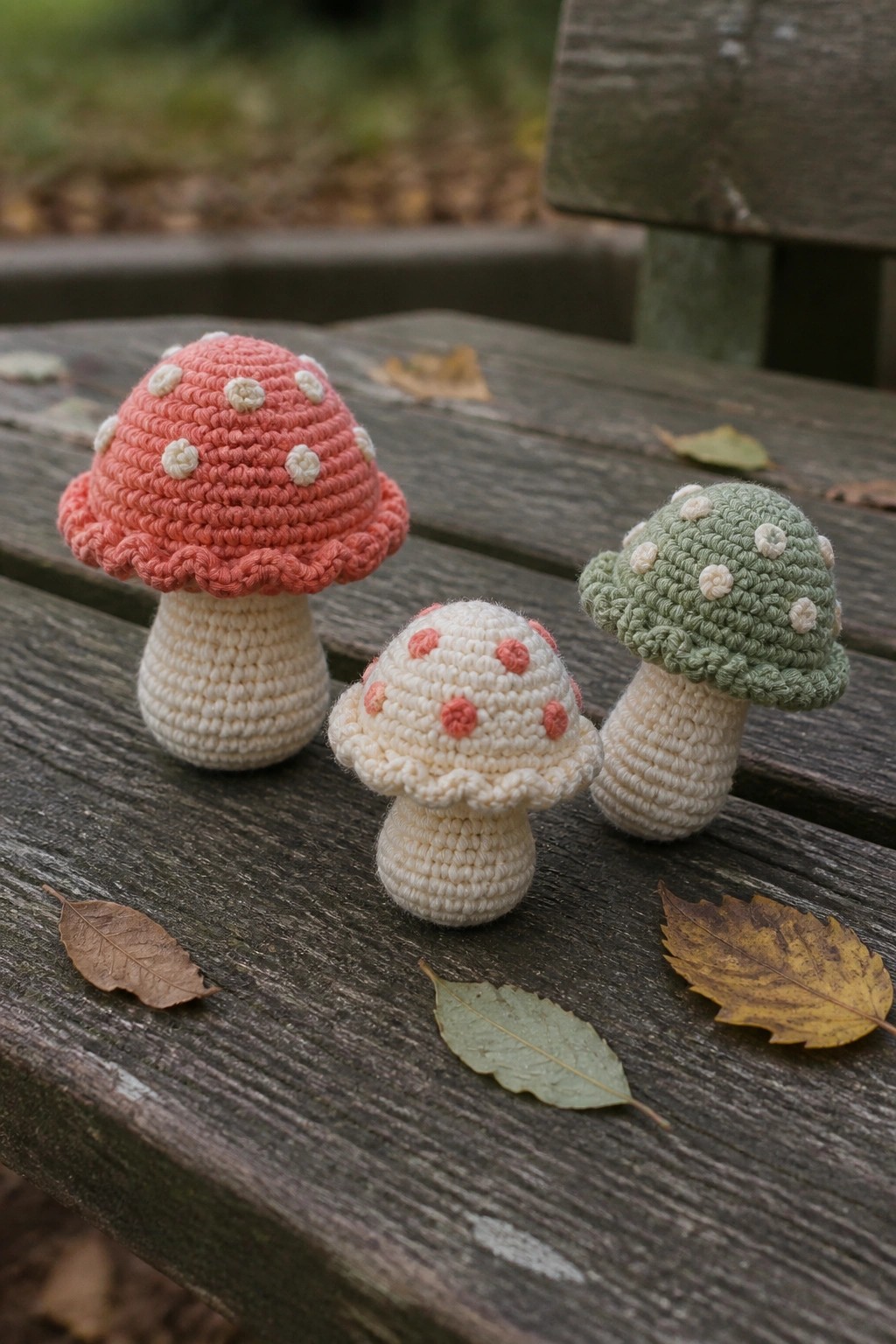 Three crocheted mushrooms with spotted caps on a wooden bench with leaves