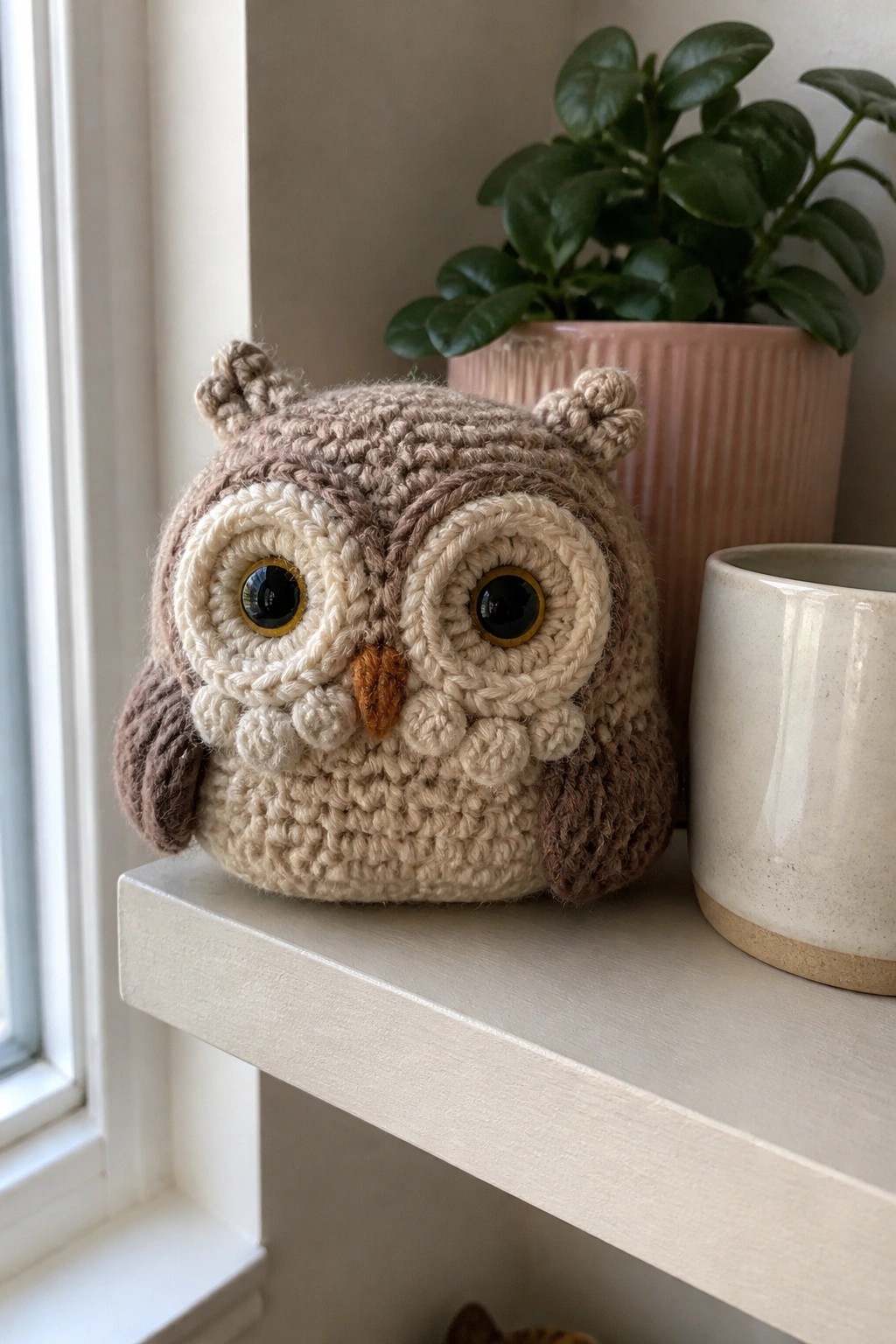 Crocheted brown and beige owl on white shelf beside potted plant and mug
