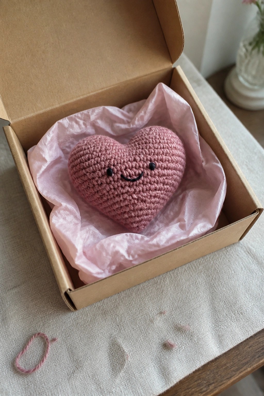 Pink crocheted heart with smiling face in open box lined with pink tissue paper