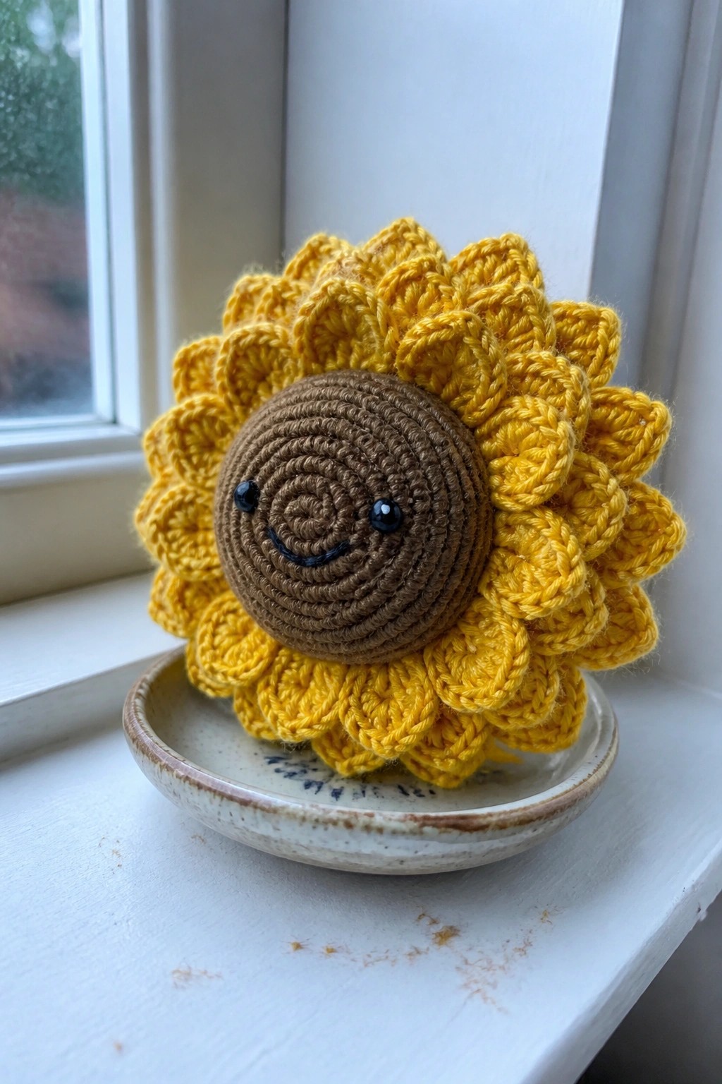 Yellow crocheted sunflower with smiling brown face on ceramic dish by window