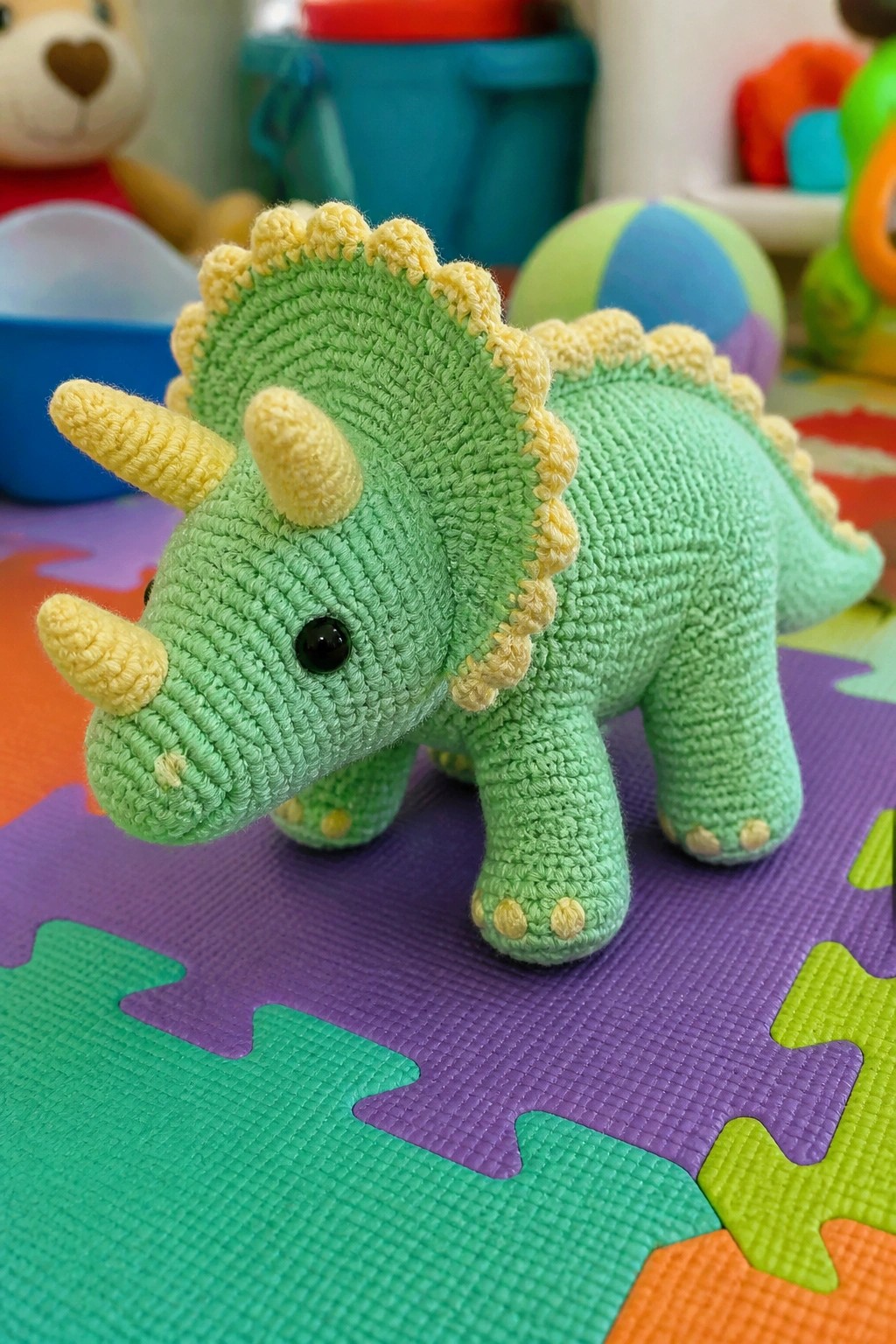 Green crocheted triceratops toy with yellow horns and spikes on foam mat