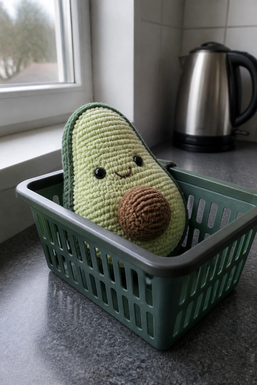 Crocheted avocado toy with smiling face in green plastic basket on counter