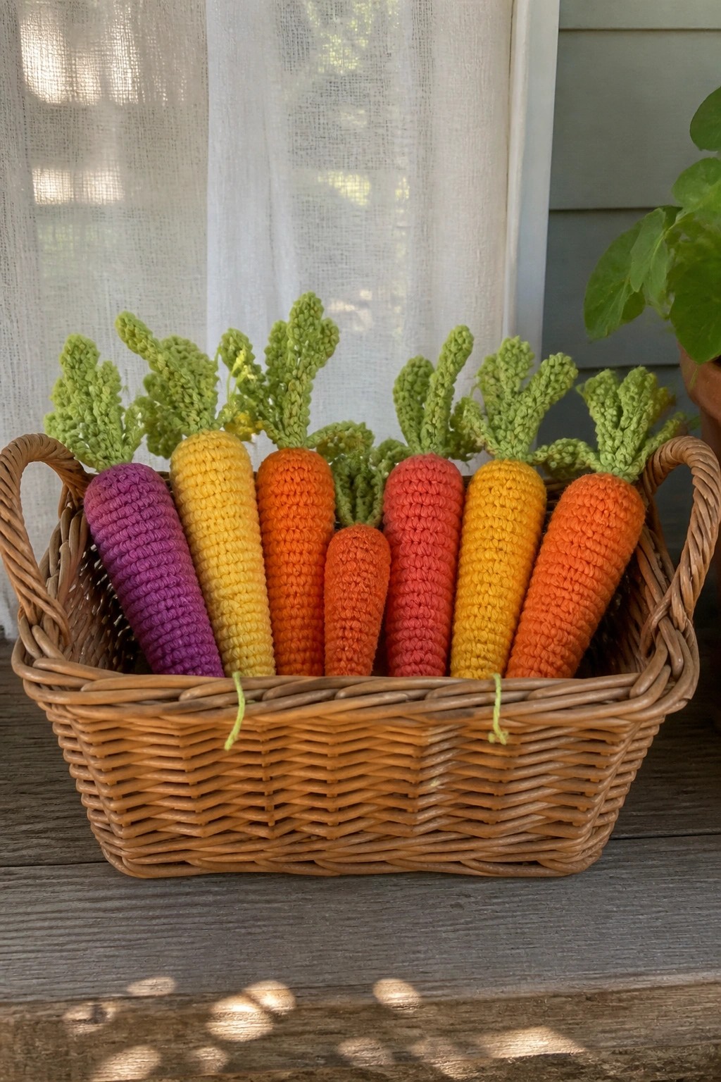 Colorful crocheted carrots with green tops in a wicker basket on wood.