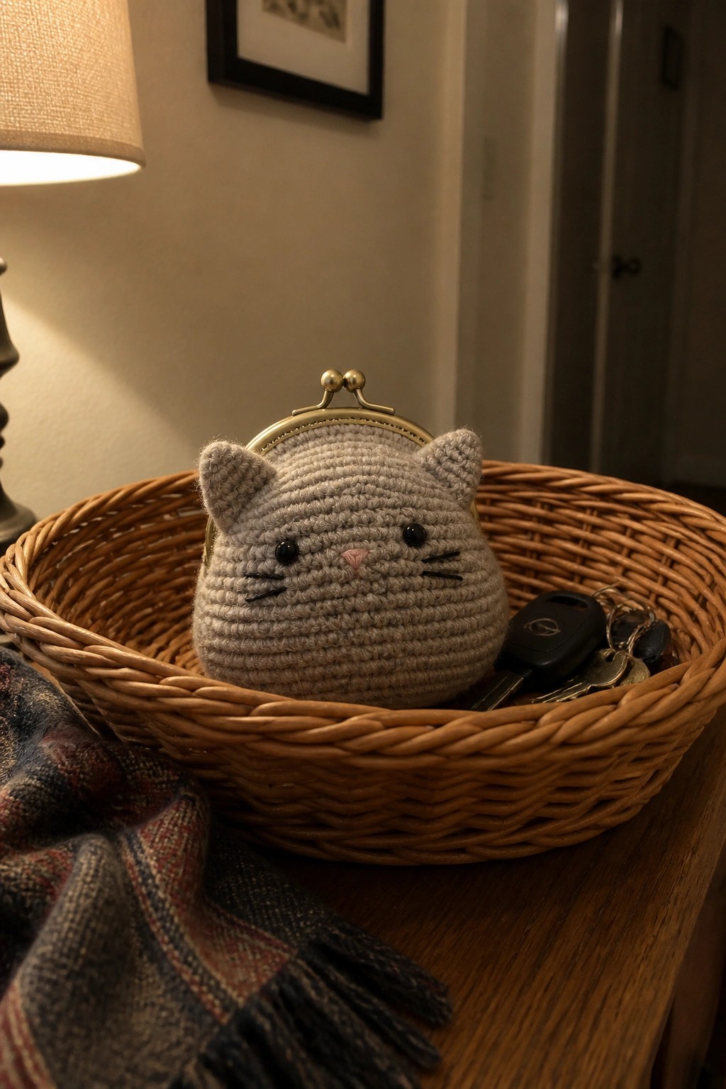 Gray crocheted cat purse and keys in wicker basket beside plaid scarf