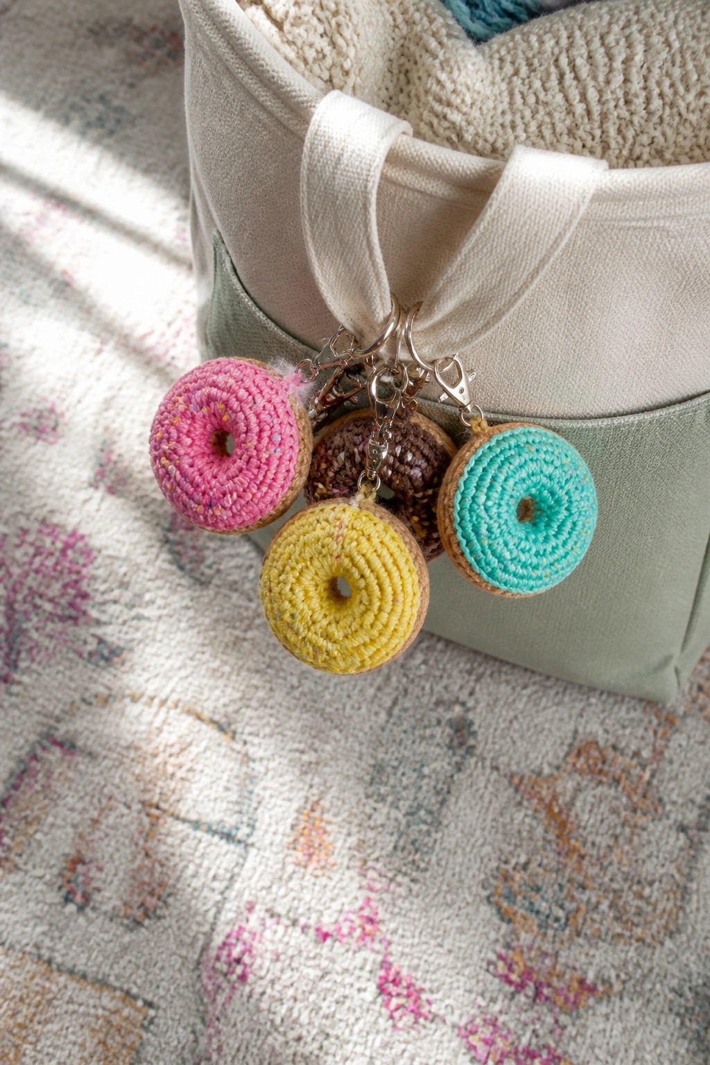 Colorful crocheted donut keychains dangling from a canvas tote bag on a rug.