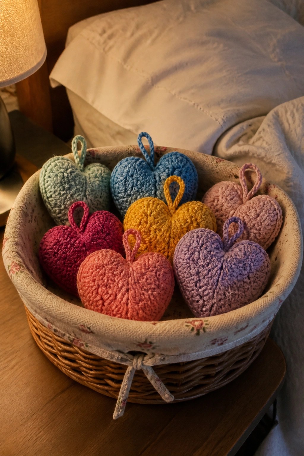 Colorful knitted hearts with loops in a fabric-lined wicker basket on wood